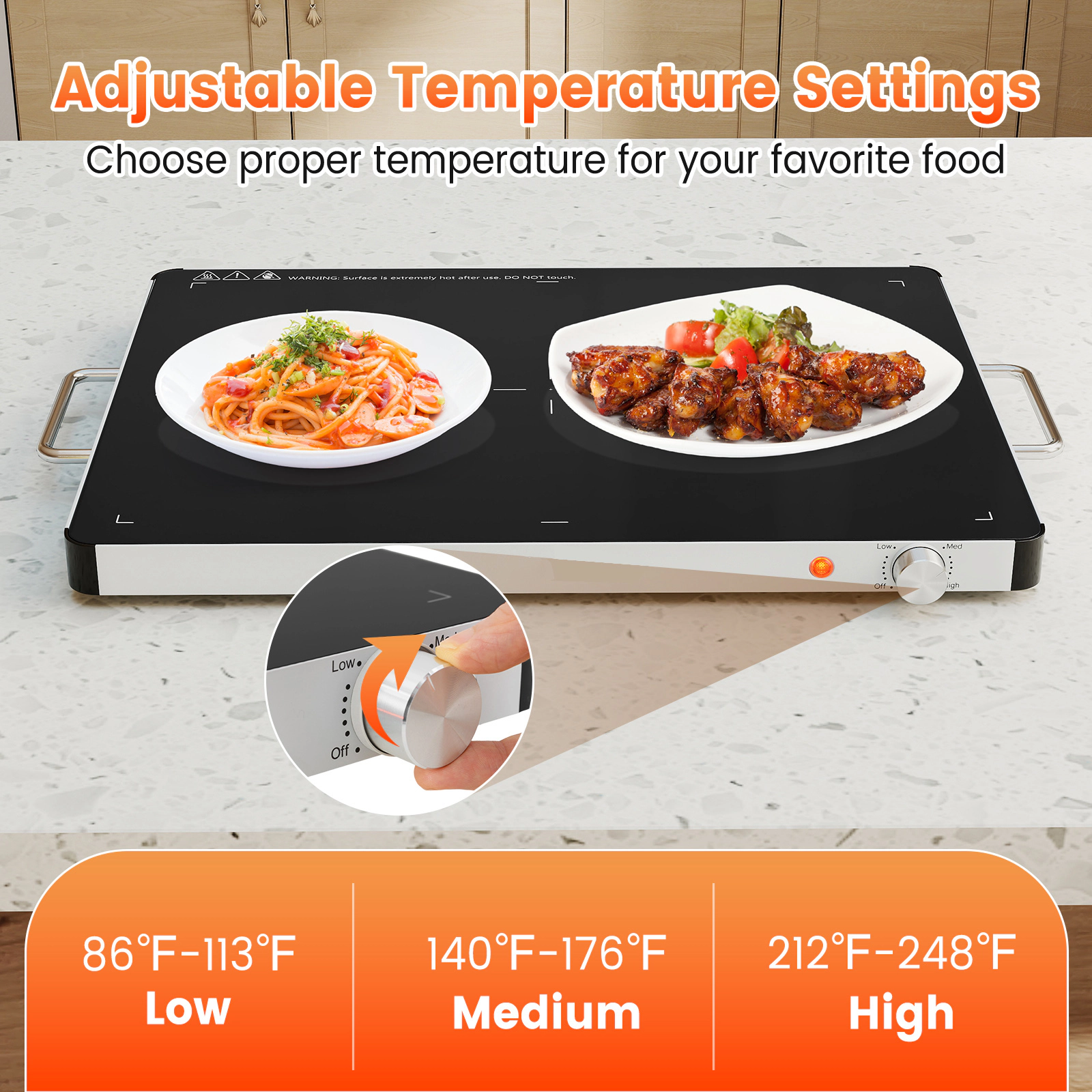 SUGIFT Tempered Glass Electric Food Warming Tray 400W 86-248 F Adjustable Temperature 24 x 16.5 x 1.5-in Black