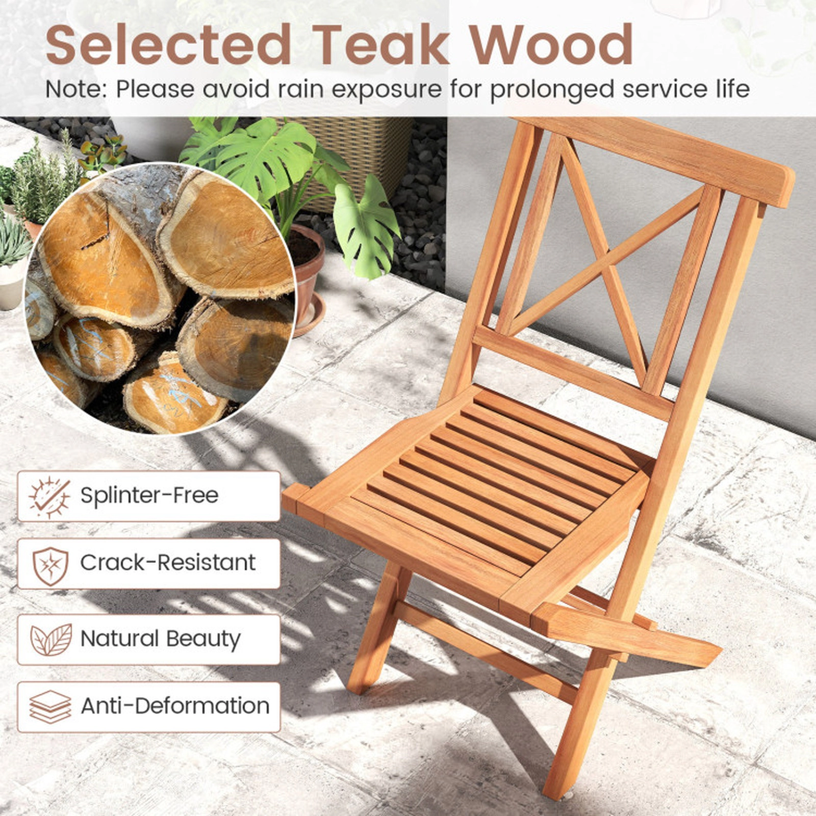 SUGIFT Set of 2 Natural Teak Wood Folding Patio Dining Chairs, 400-lb Capacity