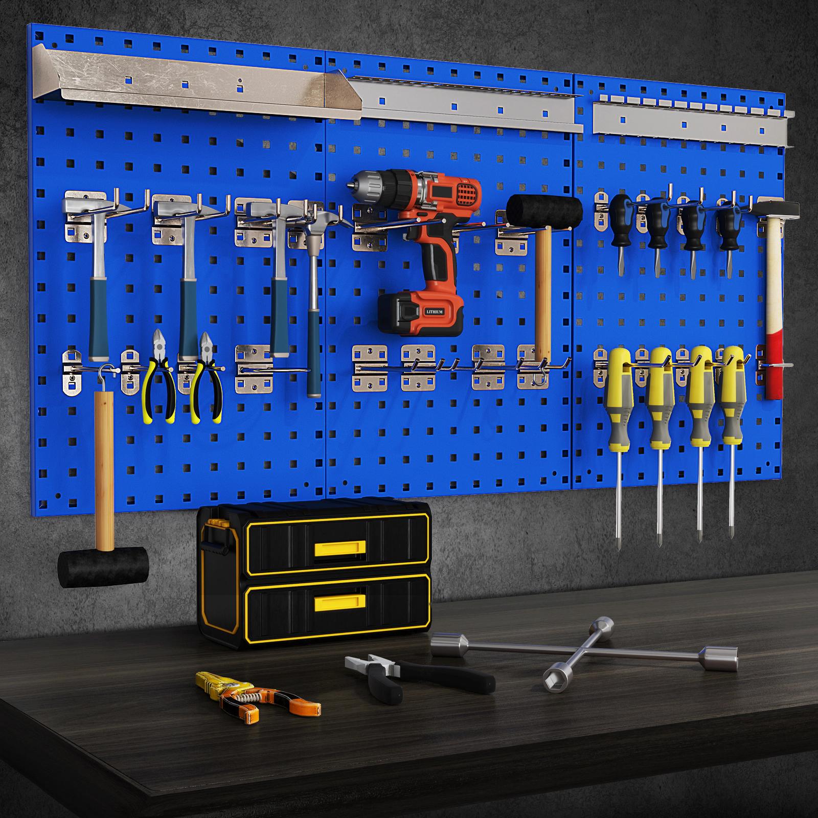 SUGIFT 48-in 3-Panel Metal Pegboard Kit Wall Mounted Tool Organizer with 28 Hooks Shelf and Holders