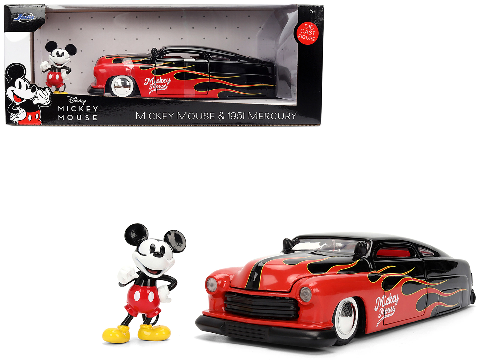 Jada 1951 Mercury Coupe Black with Flame Graphics and Red Interior and Mickey Mouse Diecast Figure "Disney's