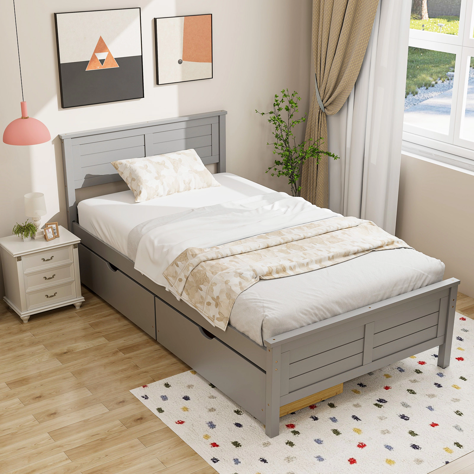 Twin Size Bed Frame with 2 Deep Storage Drawers Gray Wood Platform Bed with Headboard Footboard