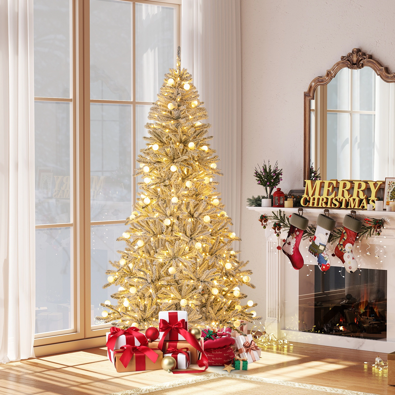 SUGIFT Snow-flocked Pre-lit Hinged Artificial Christmas Tree with 81 Sphere Lights 7 Feet Green & White