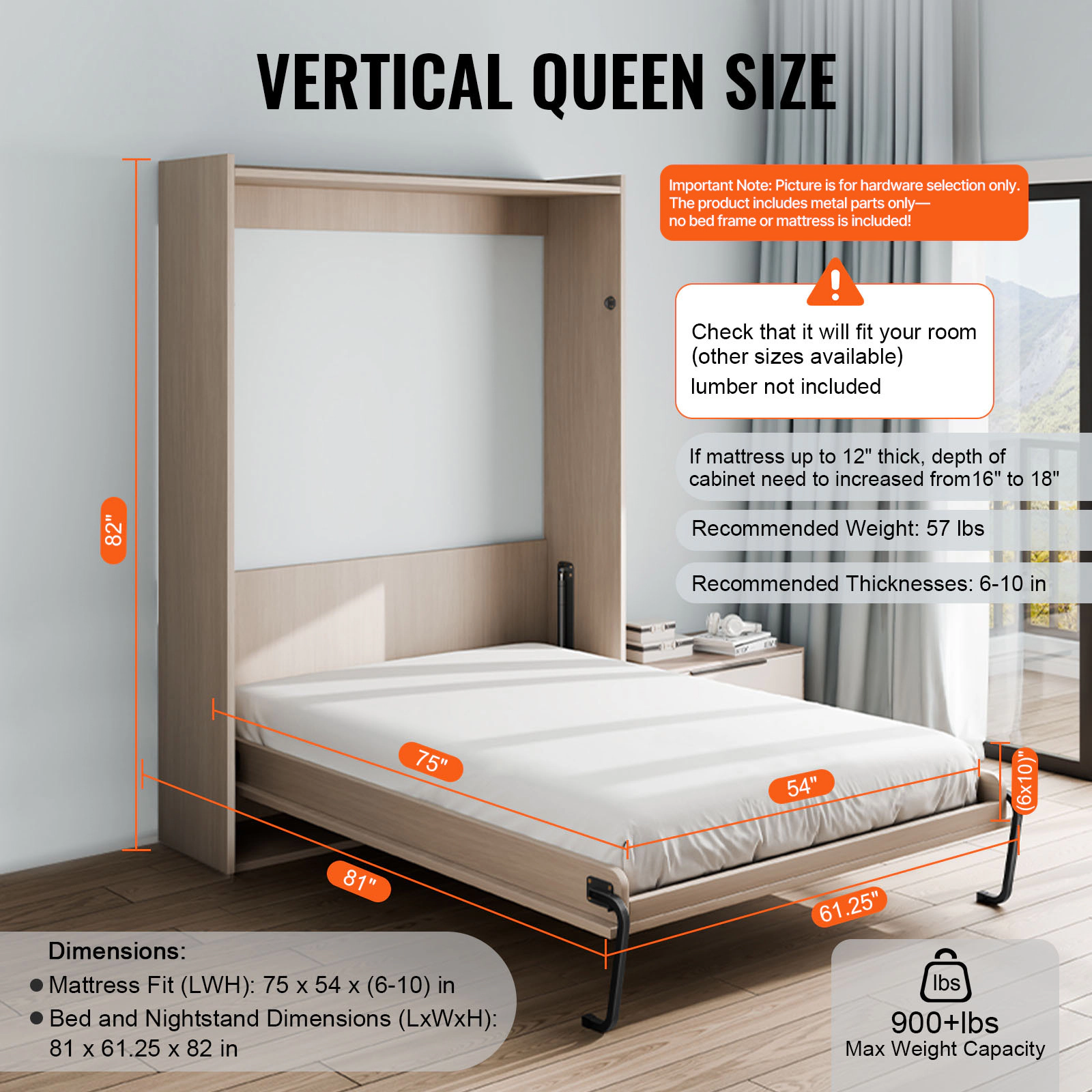 HONGGE Murphy Bed Kit Vertical Deluxe DIY Wall Bed Mechanical Hardware Kit Pneumatic Lever Heavy Duty Bed Frame Support