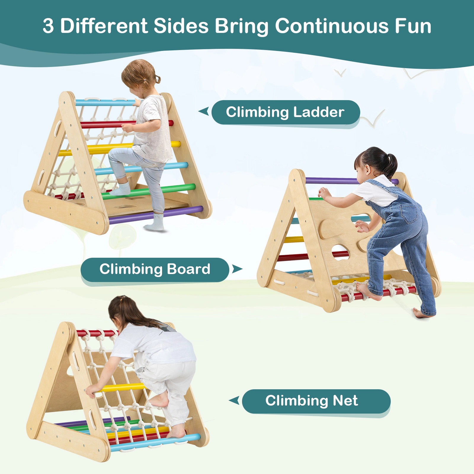 SUGIFT Kids 4-in-1 Triangle Climber with Sliding Board and Climbing Net 24.6-in Tall 132-lb Frame Capacity Multicolor