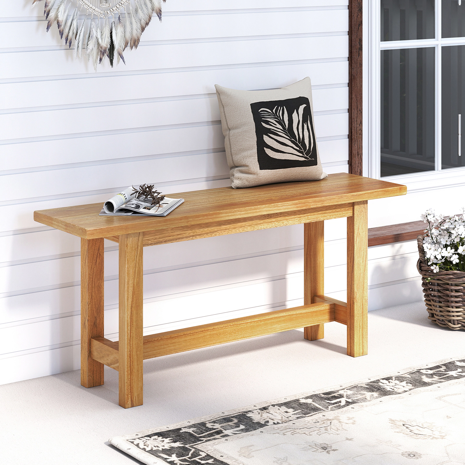SUGIFT 40 in Outdoor Teak Wood Bench Natural Backless Bench for Porch and Poolside