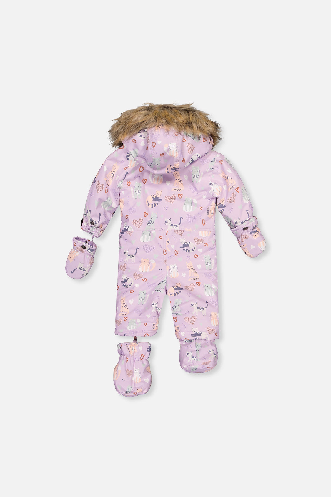 Deux par Girls Cat Print One Piece Snowsuit Adapted for Car Seats with Detachable Hood