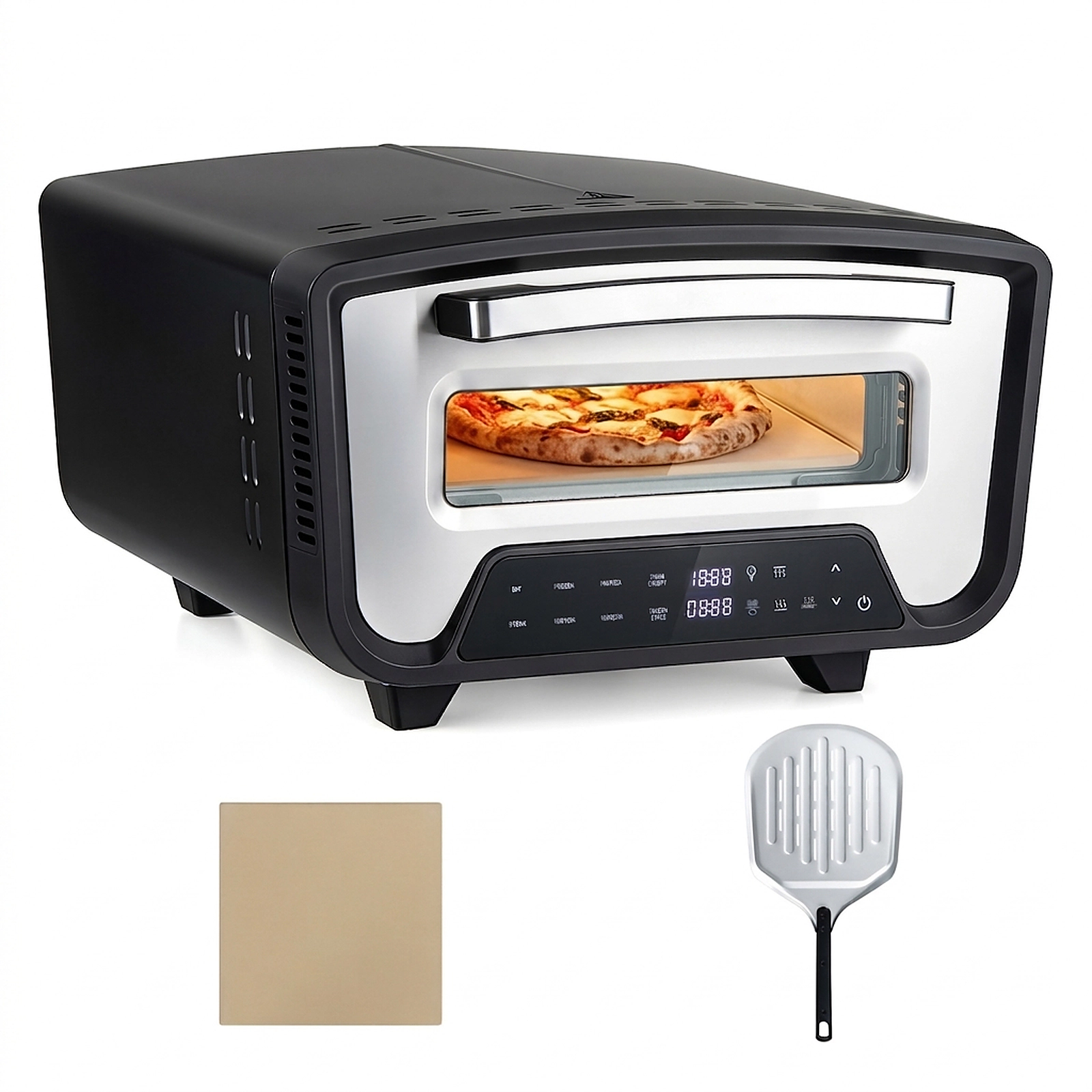 SUGIFT Dual Heating Zone Indoor Electric Pizza Oven 1700W 850 F Max 8 Presets 12.5-in Stone for 12-in Pizzas Black