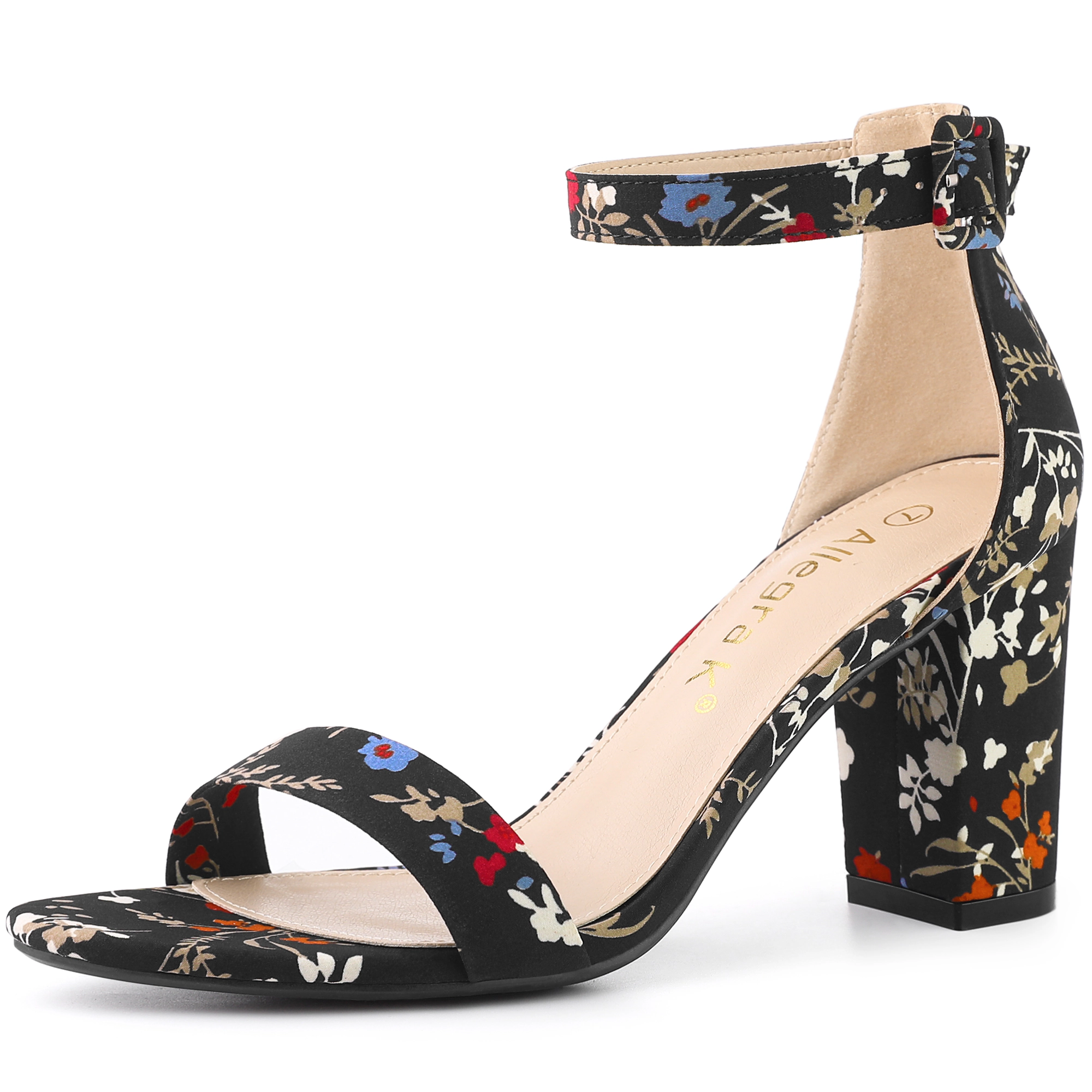 BLISSFUL STEP Women's Floral Print Open Toe Block High Heels Summer Sandals