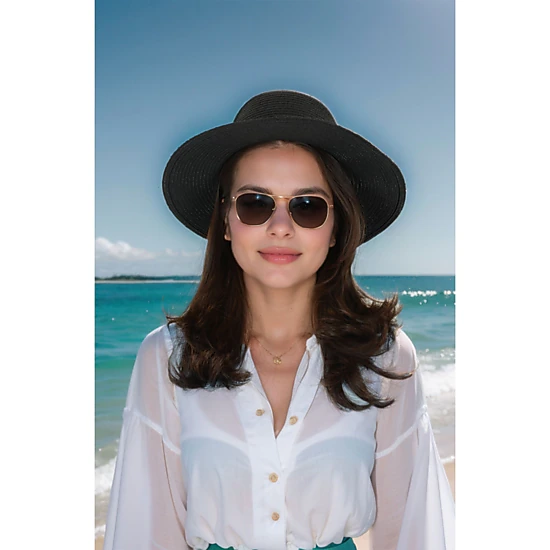 Anna-Kaci Women's Wide Brim Straw Fedora Sun Hat with Black Band Packable Summer Panama Hat for UV Protection