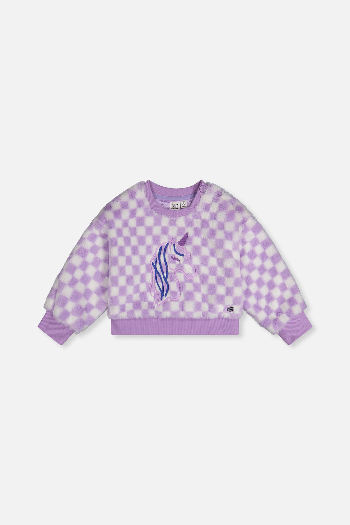 Deux par Girls Unicorn Embroidered Tile Pattern Faux Fur Top