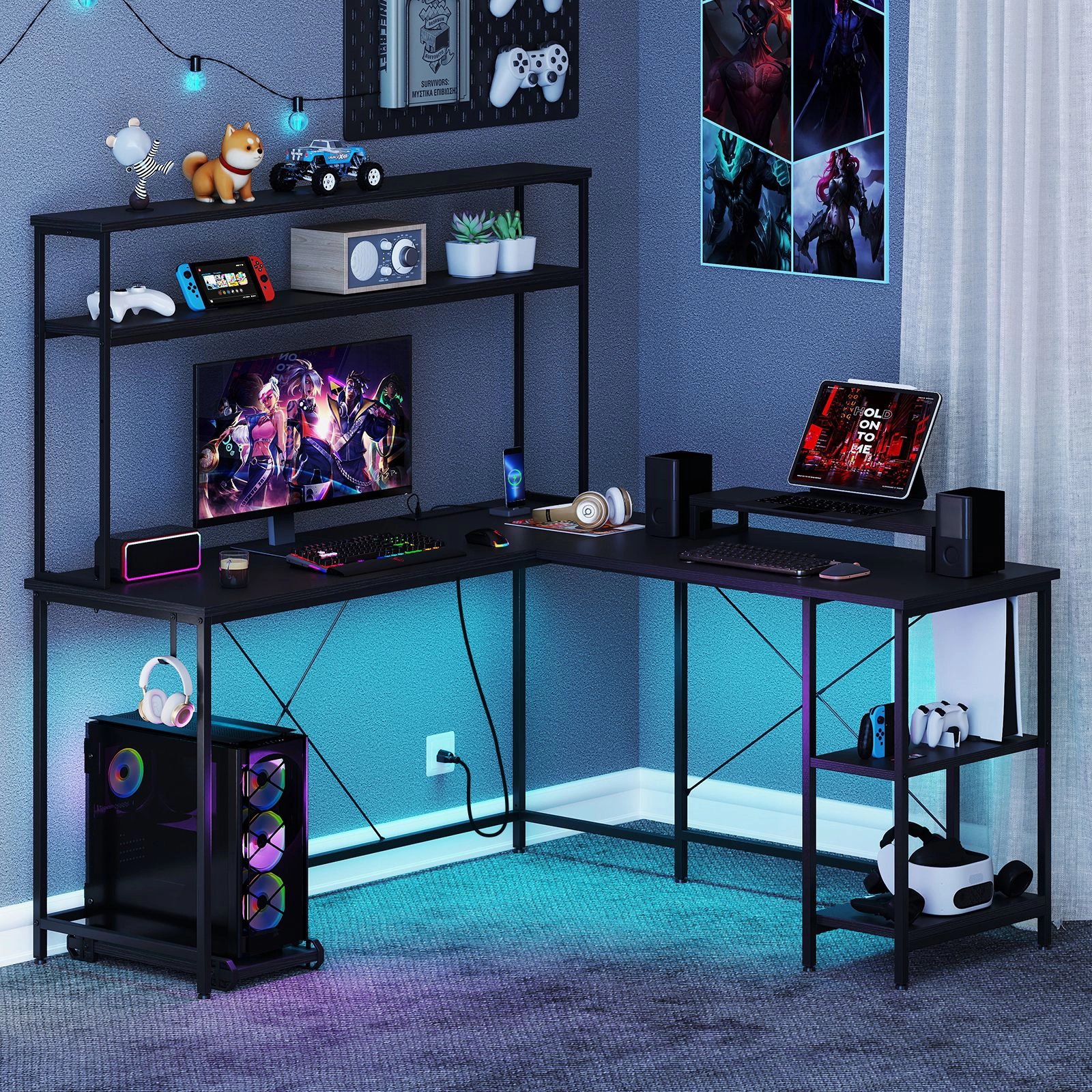 SlickBlue L Shaped Gaming Desk with LED Lights Power Strip Storage Shelves