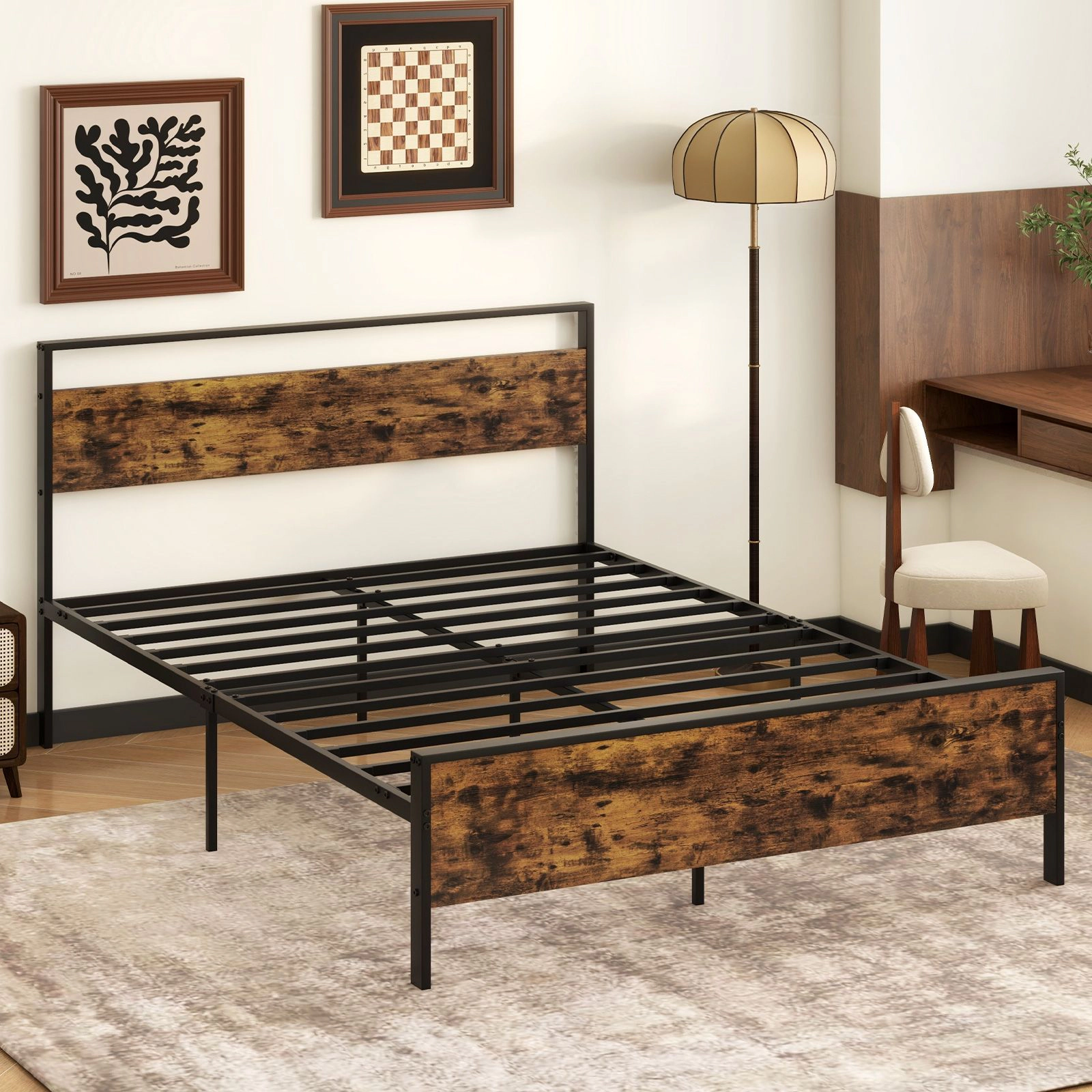 SlickBlue Industrial Metal Platform Bed Frame with Wood Headboard