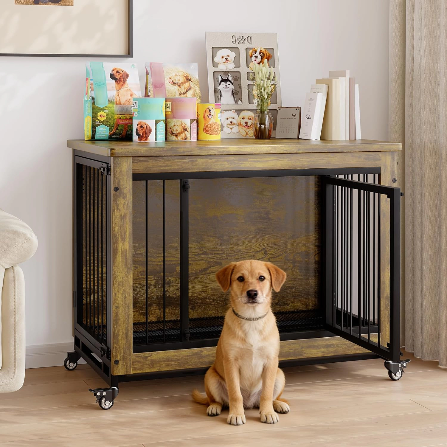 38.6" Rustic Wood Dog Crate Furniture with Pull-Out Tray, Wheels & 3 Doors, Heavy Duty Kennel Side Table