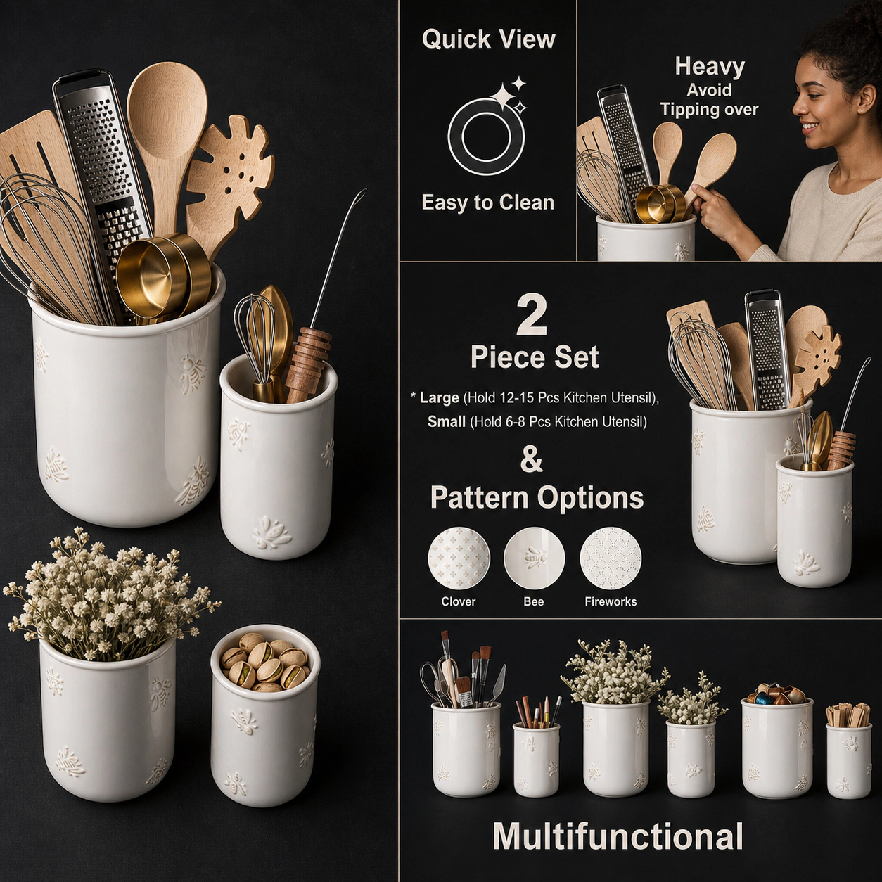 WZK Set of 2 Ceramic Farmhouse Kitchen Utensil Holder