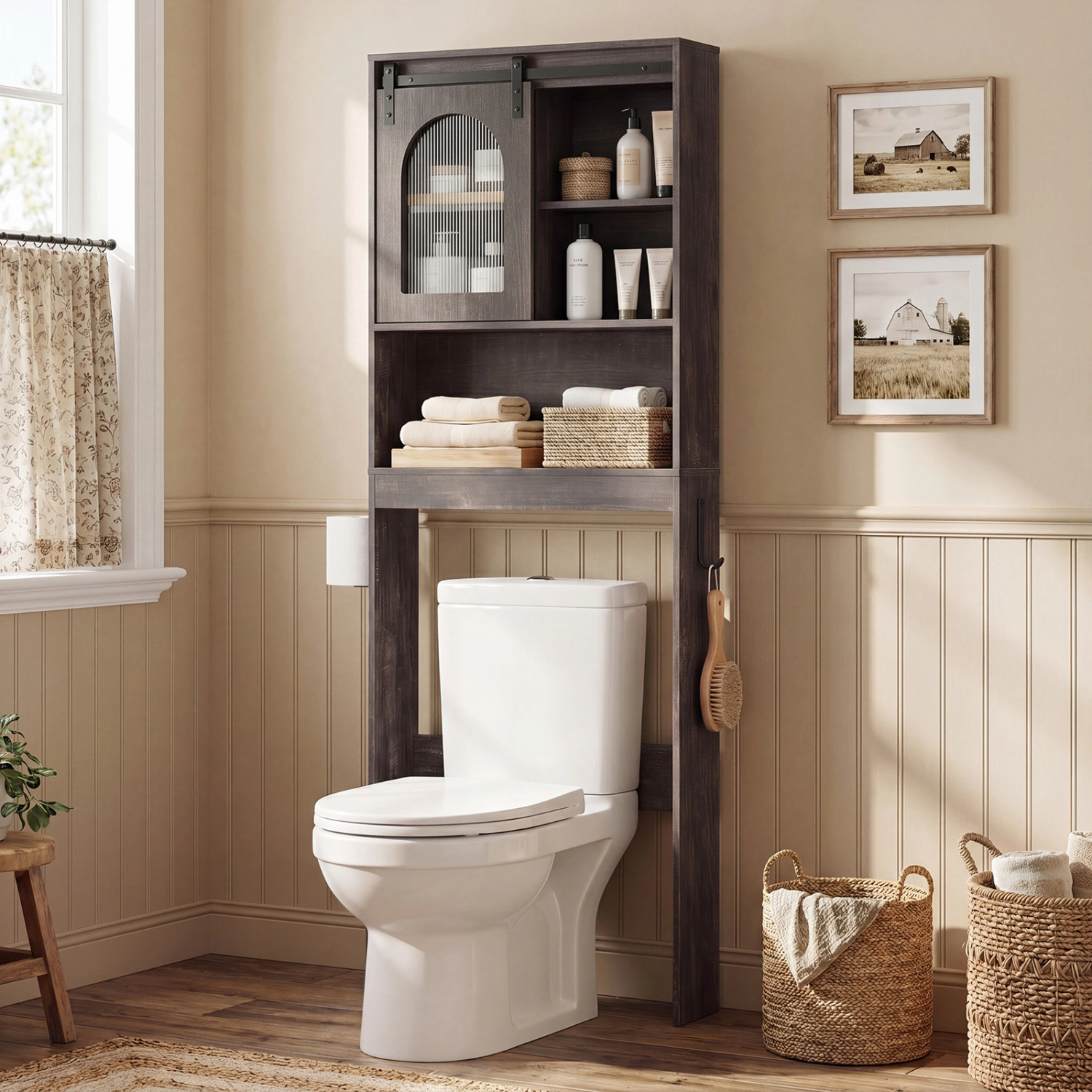 SUGIFT Over Toilet Storage Cabinet with Sliding Barn Door and Open Shelves 67-in Tall 44-lb Top Capacity Black Oak/White