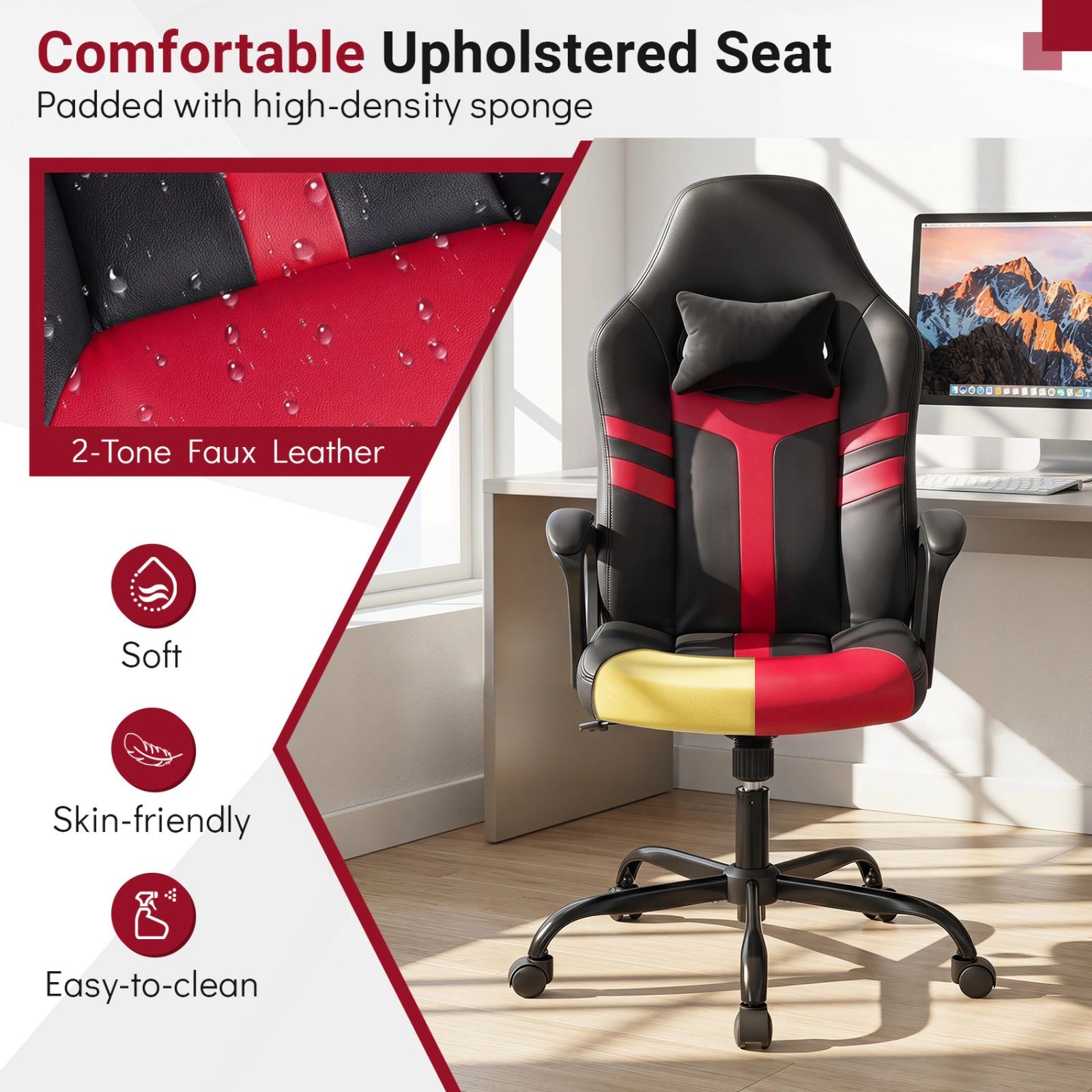 SUGIFT Red Faux Leather Rocking Office Chair with Removable Head Pillow