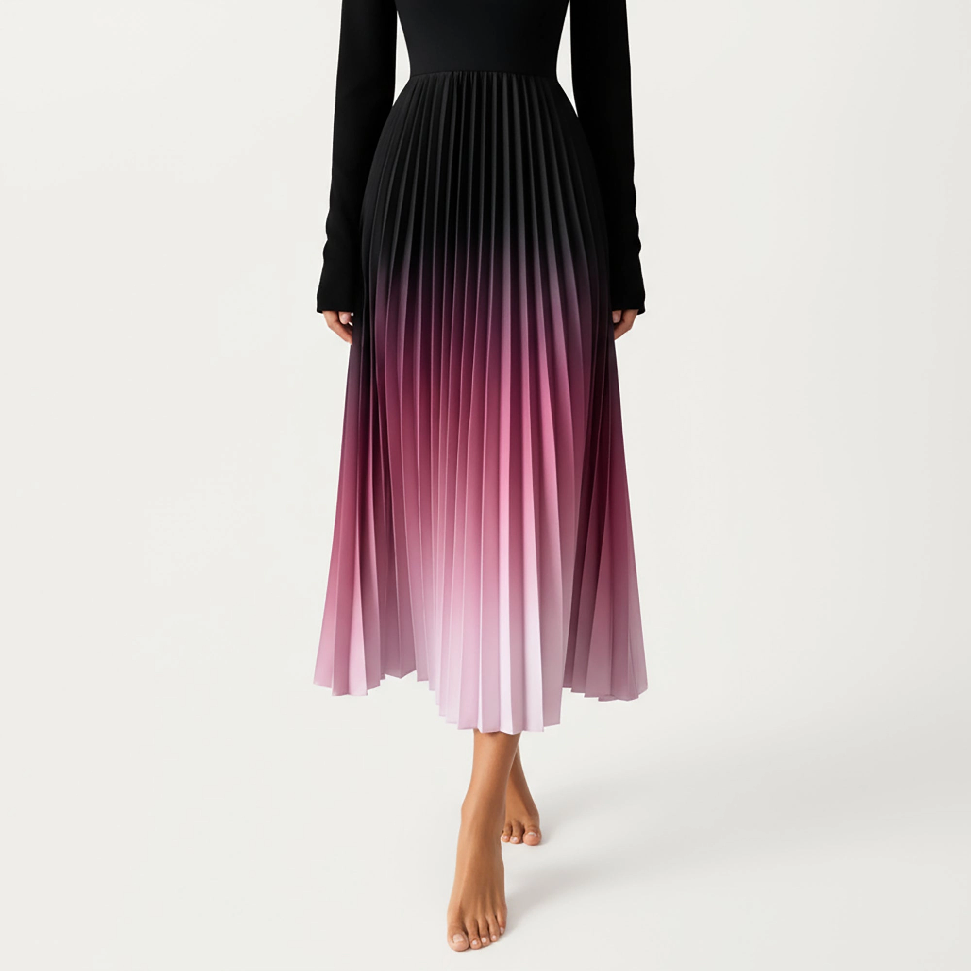 Anna-Kaci Womens Long Sleeve Pleated Ombre Maxi Dress