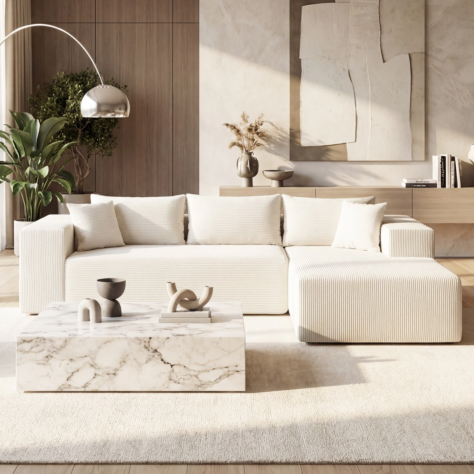 SUGIFT Modular Sectional Sofa Corduroy L-Shaped Couch with Deep Seats and Side Pillows