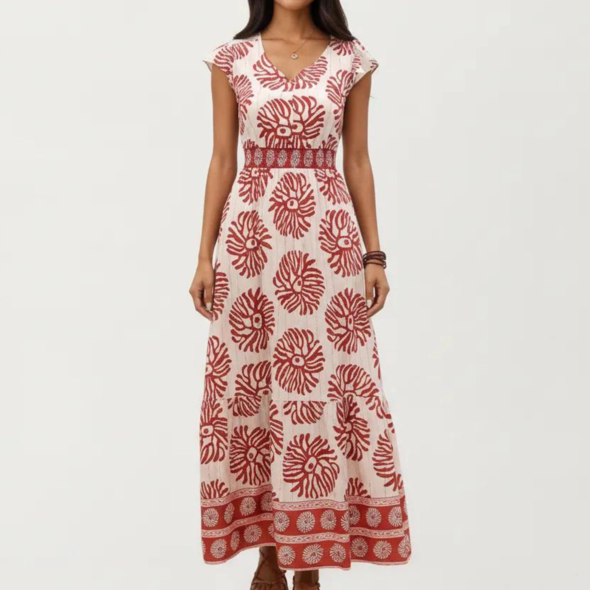 Anna-Kaci Women's Cap Sleeve V-Neck Smocked Waist Maxi Dress