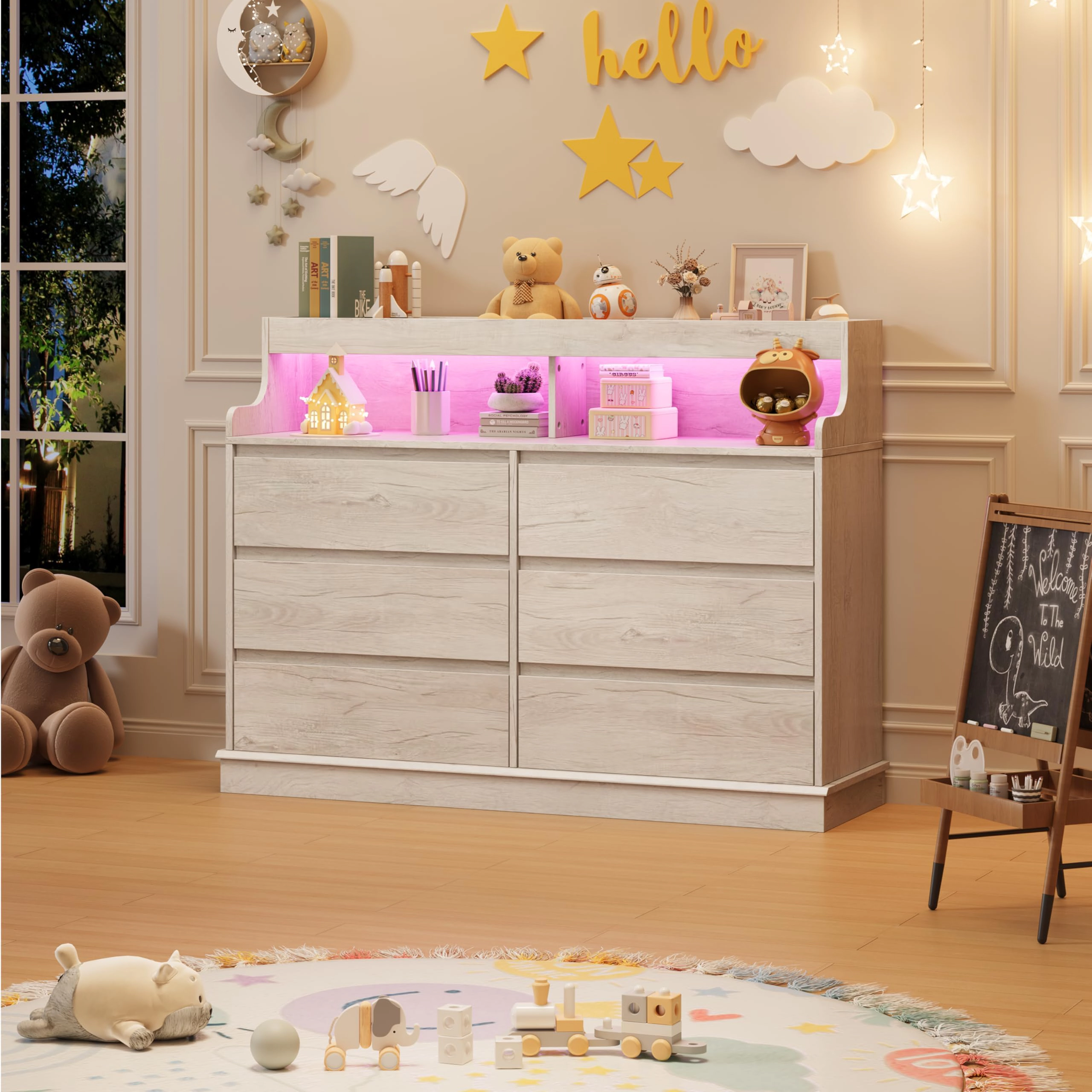 6 Drawer Dresser with RGB LED Lights & Charging Station, Wide Storage Chest with Open Shelf for Bedroom Living Room