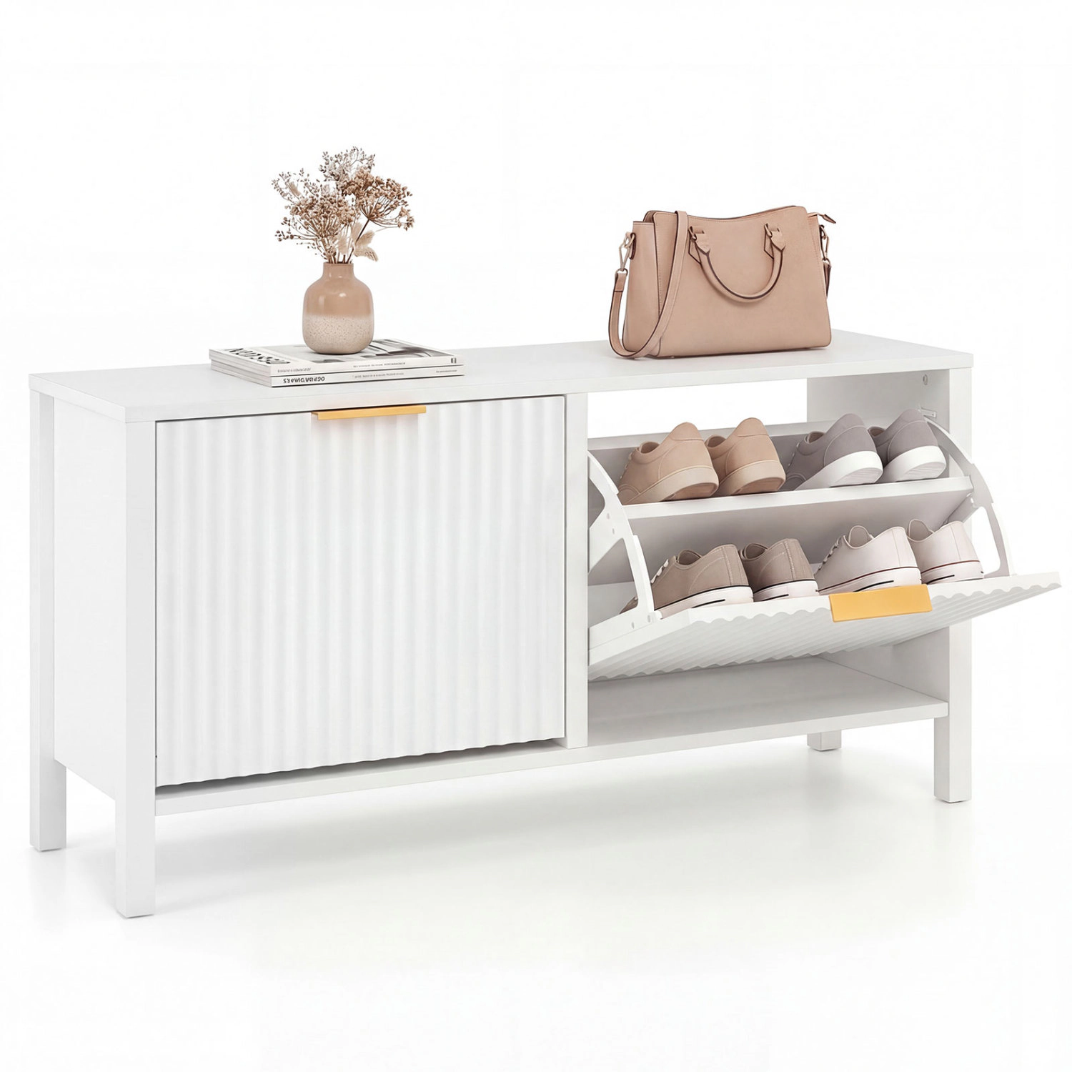 SUGIFT 39.5-in White Narrow Shoe Rack Storage Bench with 2 Flip Drawers and Fluted Doors 300-lb Seat