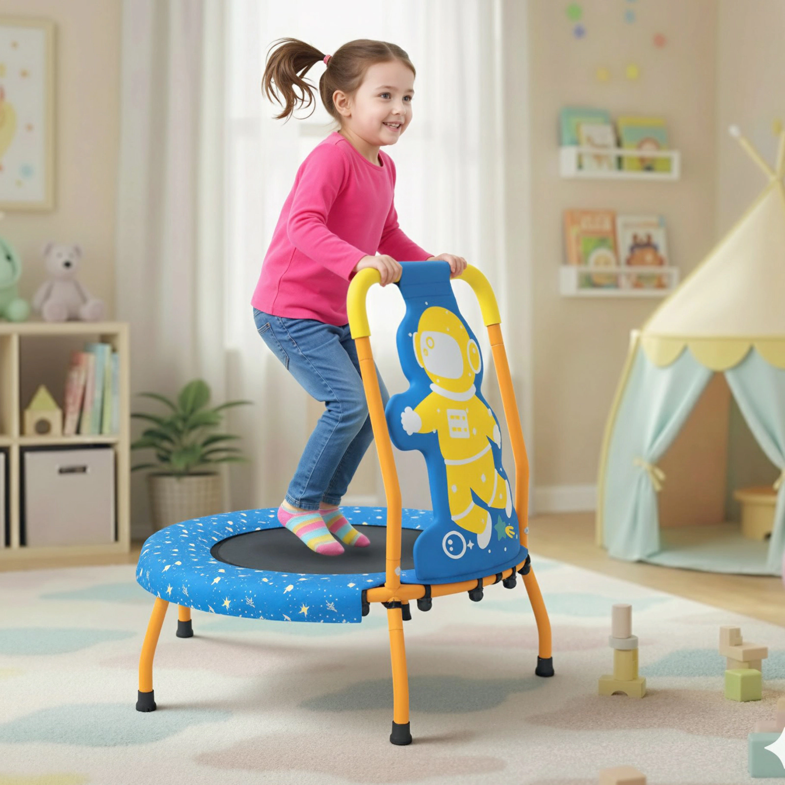 LJG Mini Trampoline for Toddlers with Foam Padded Handle and Safety Cover