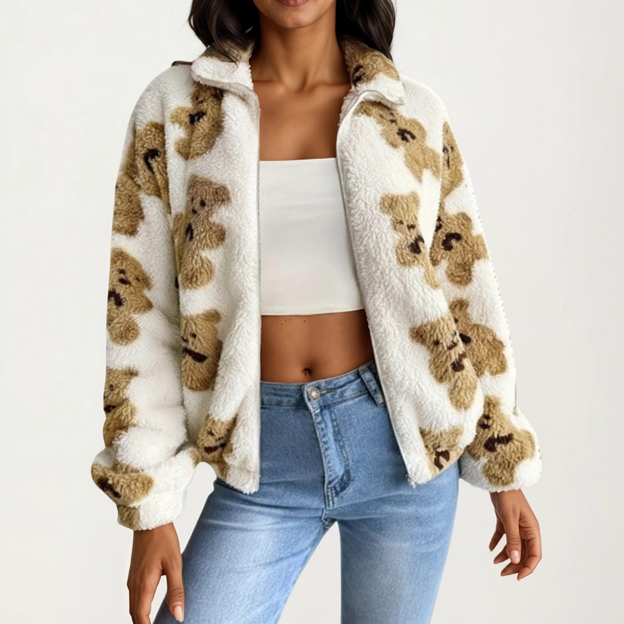 Anna-Kaci Women's Zip-Up Teddy Print High Pile Fleece Jacket with Long Sleeves and Relaxed Fit