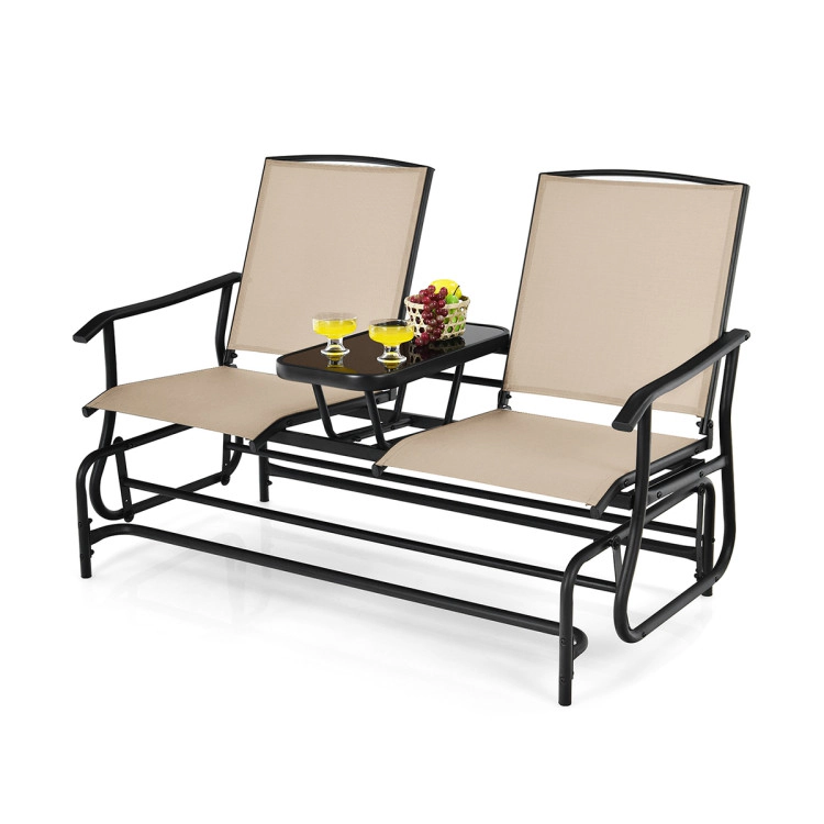 Hivvago 2-Person Double Rocking Loveseat With Mesh Fabric And Center Tempered Glass Table