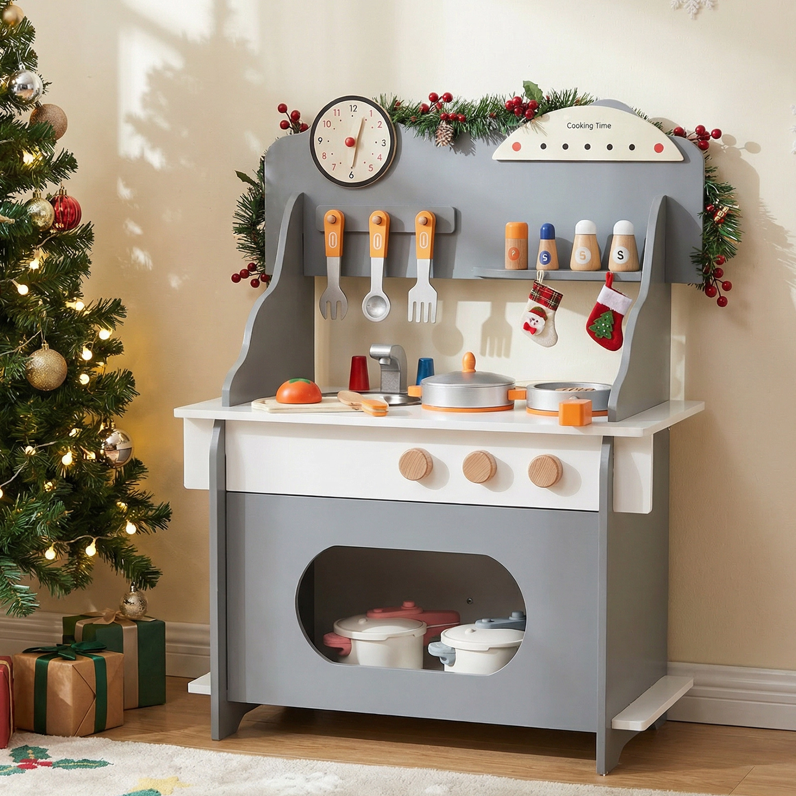Wooden Play Kitchen for Toddlers with Learning Clock Anti-Tip Kit and 14-in Counter 20.5-in x 11.5-in x 28-in Gray