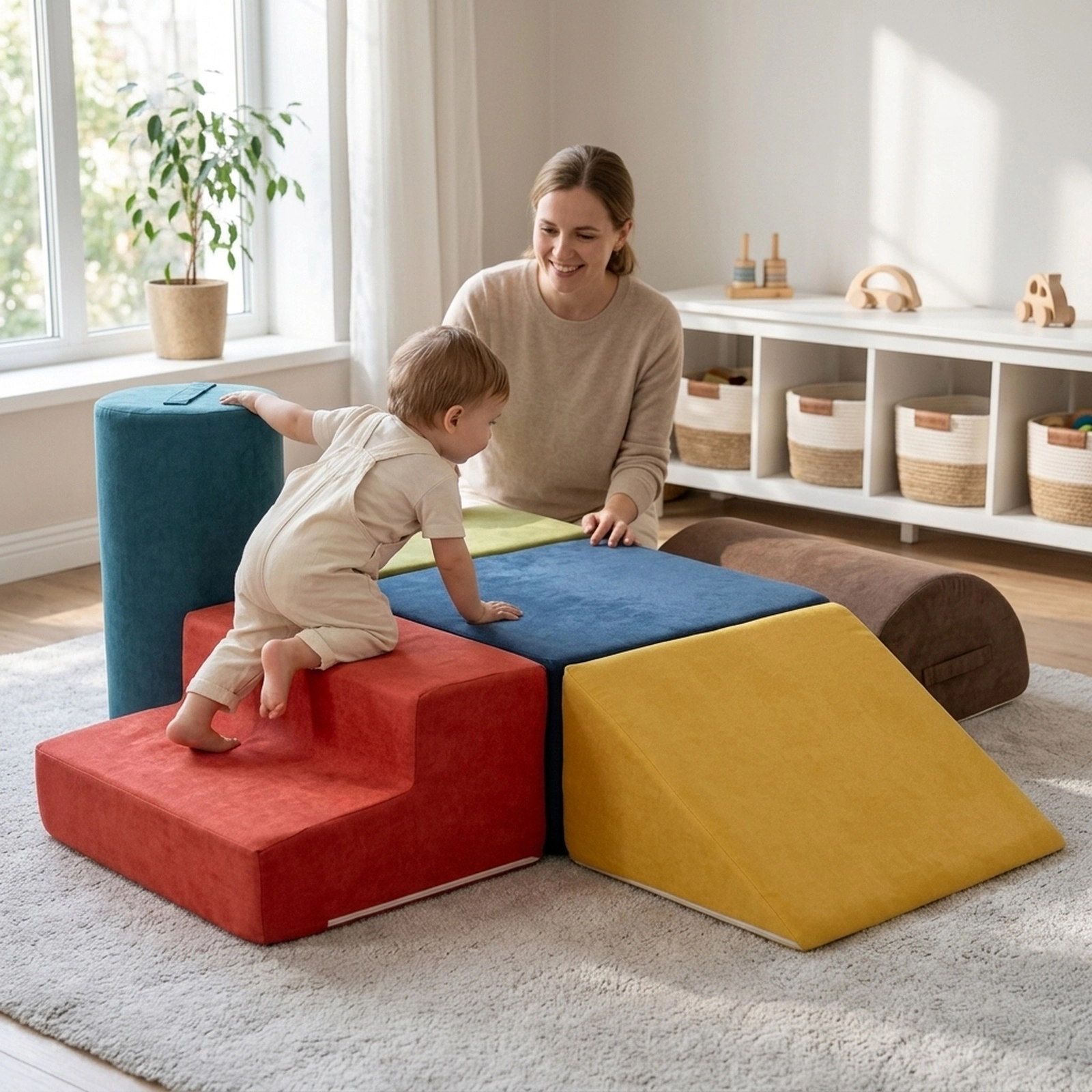 6-Piece Baby Climbing Blocks Soft Foam Play Set Machine-Washable Chenille Covers Hidden Zippers Ages 1-3 Multicolor