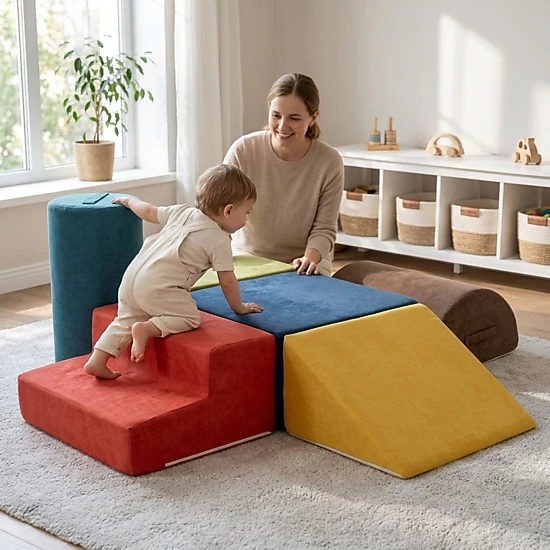 6-Piece Baby Climbing Blocks Soft Foam Play Set Machine-Washable Chenille Covers Hidden Zippers Ages 1-3 Multicolor