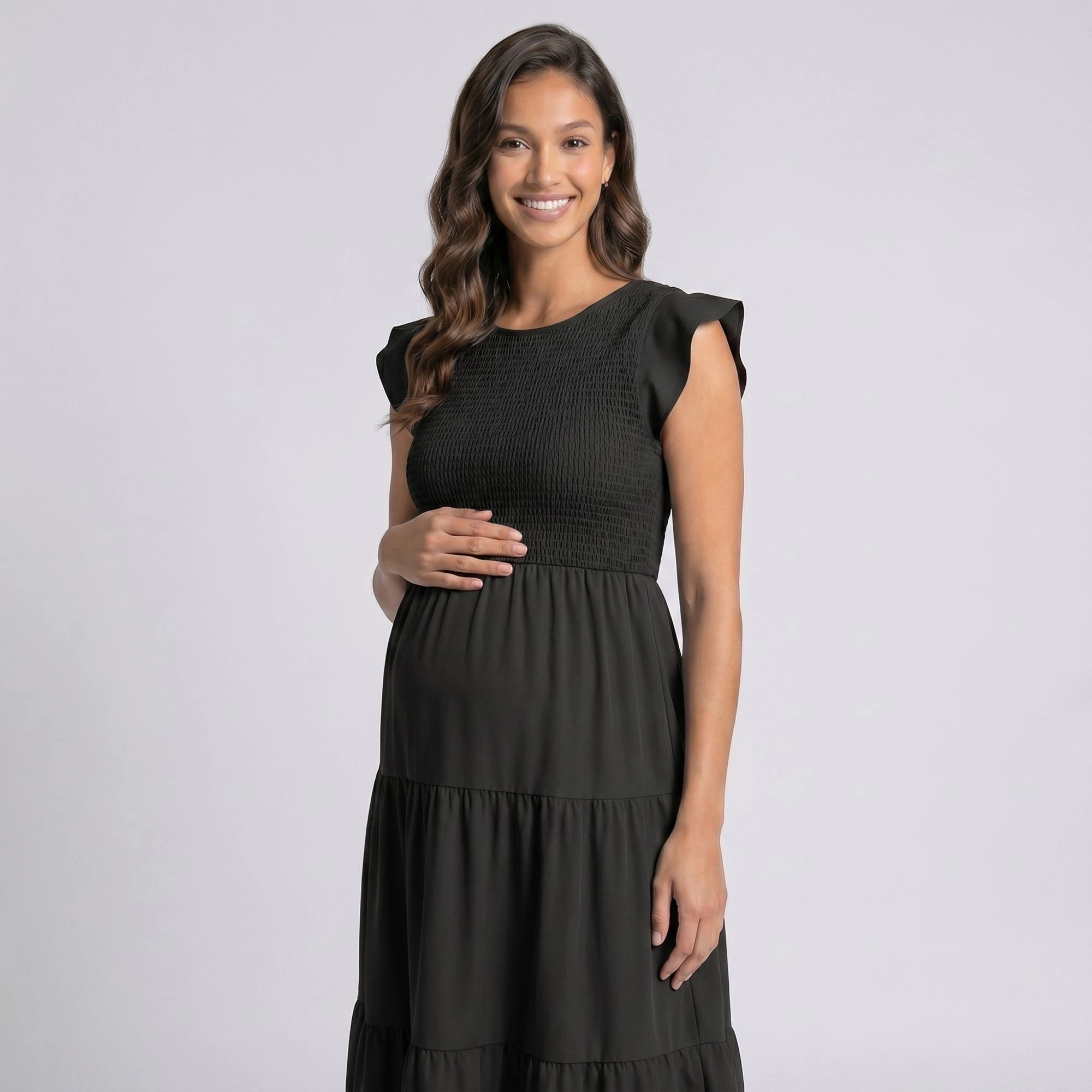 Anna-Kaci Women's Maternity Smocked Tiered Cap Sleeves Round Neck Midi Dress