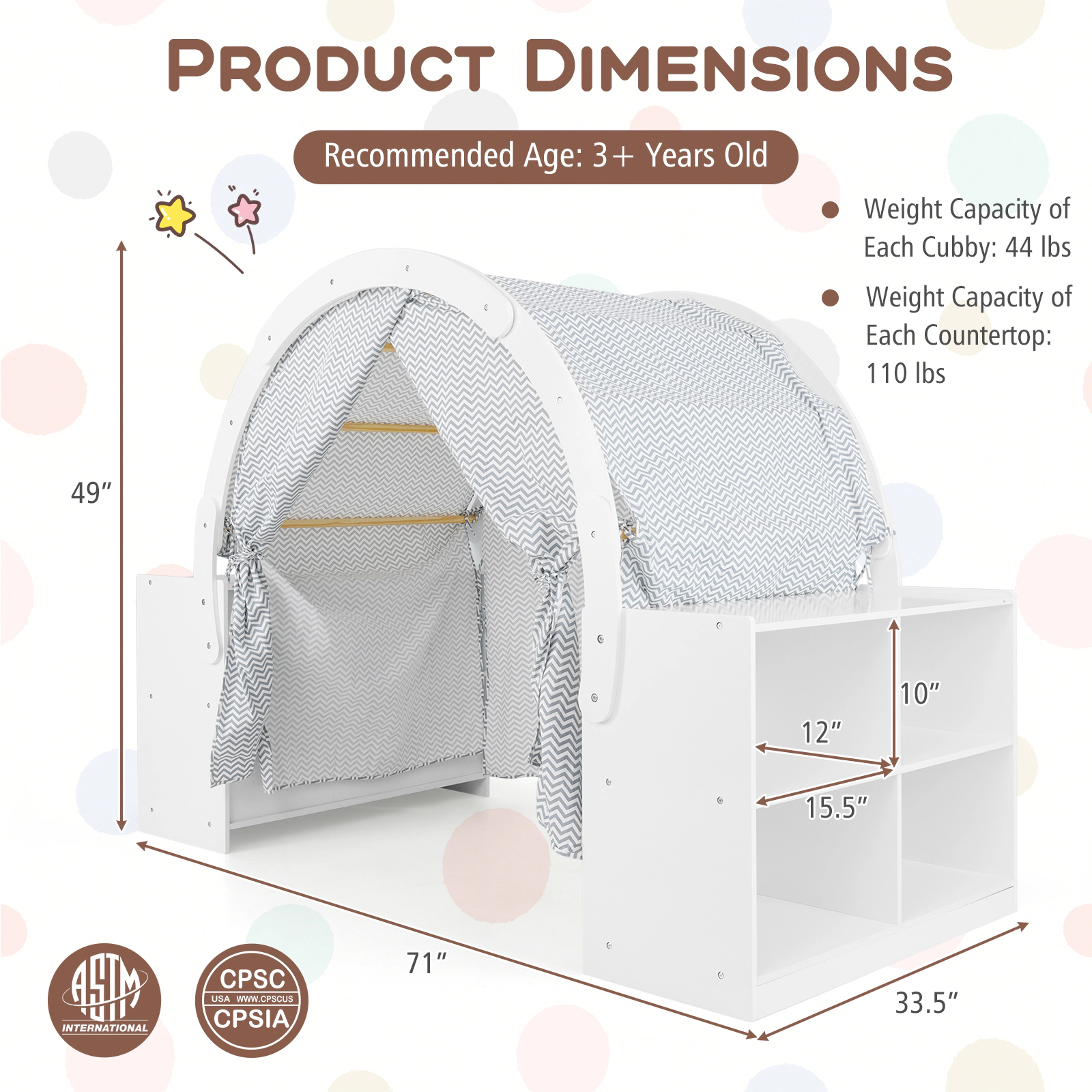 Wooden Kids Play Tent Playhouse with 8 Cubbies and 2 Countertops Curtain Shades Fits Most Kids Mattresses White