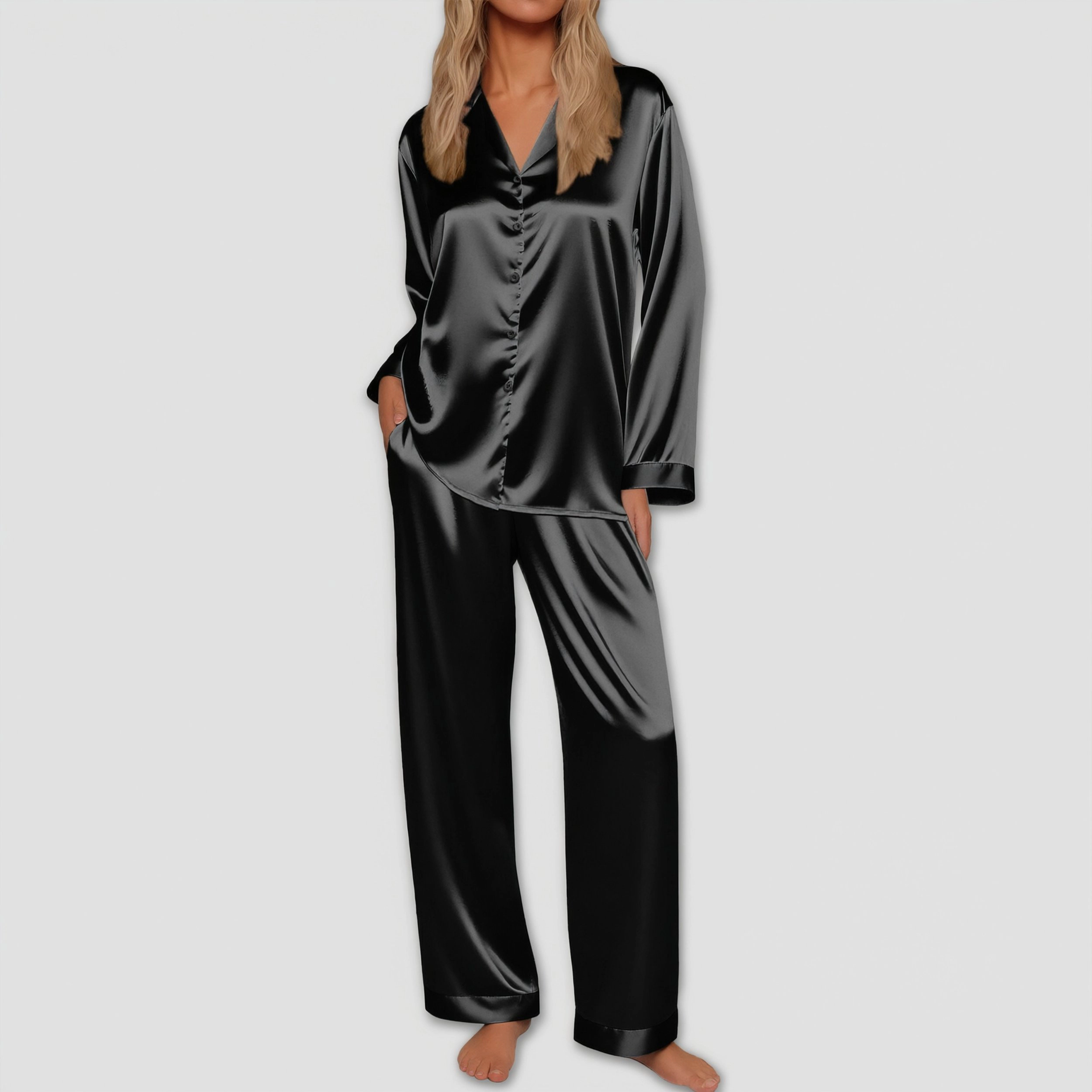 Ekouaer Silk Satin Pajamas Button Down Set Long Sleeve Two Piece Wide Leg Sleepwear