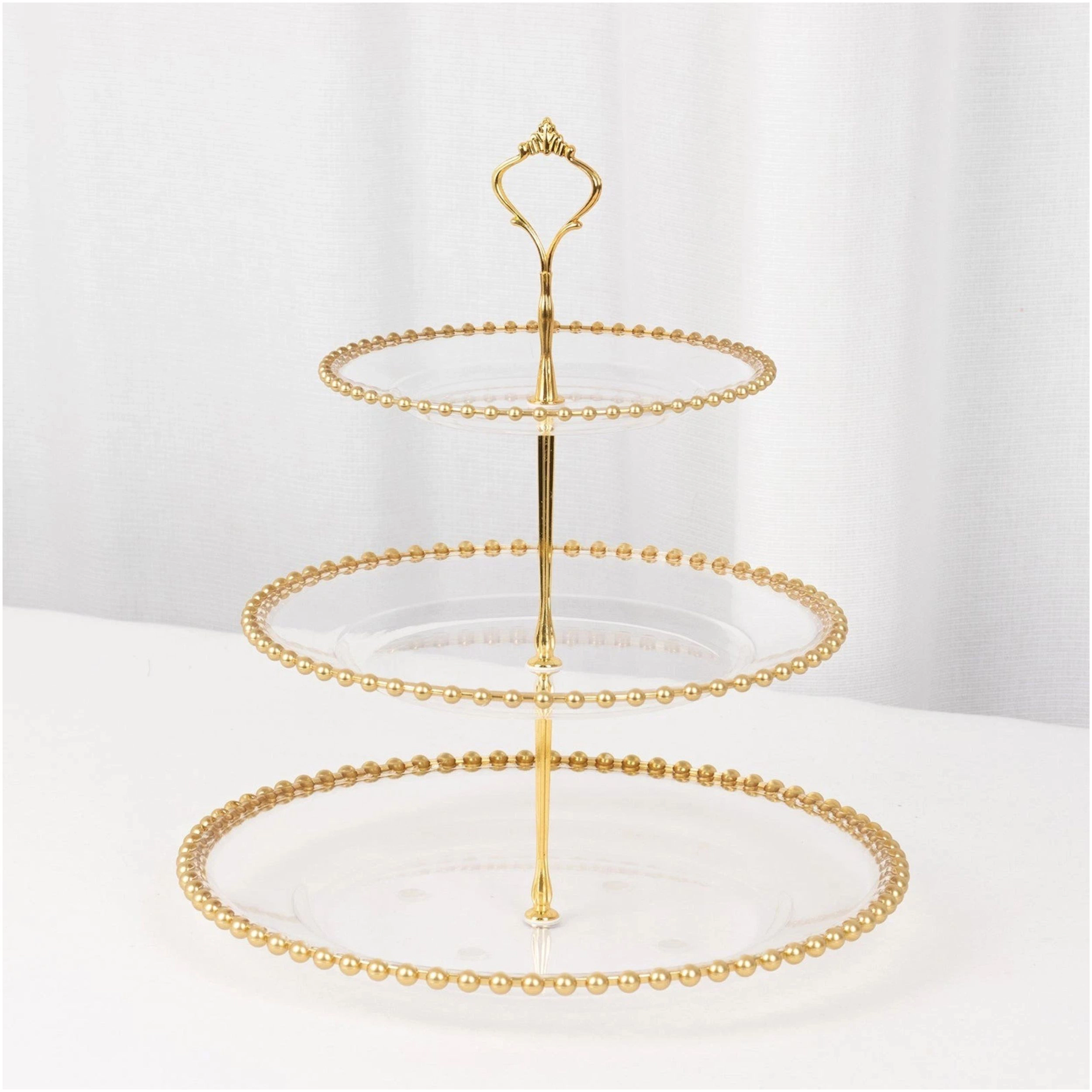 Home Collection 14-Inch 3-Tier Clear Plastic Cupcake Tower Stand with Gold Beaded Rim