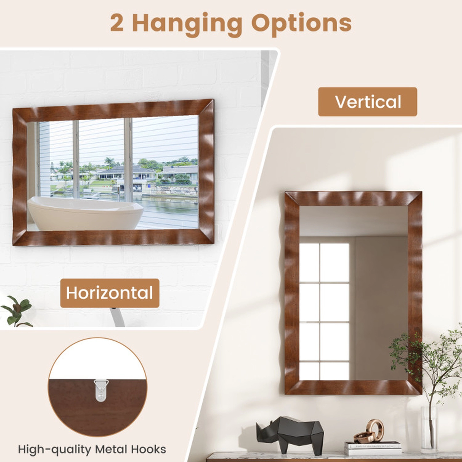 SUGIFT 41.5 x 28 in Farmhouse Rectangular Wall Mirror with 1-in Thick Rubberwood Frame and MDF Back Brown
