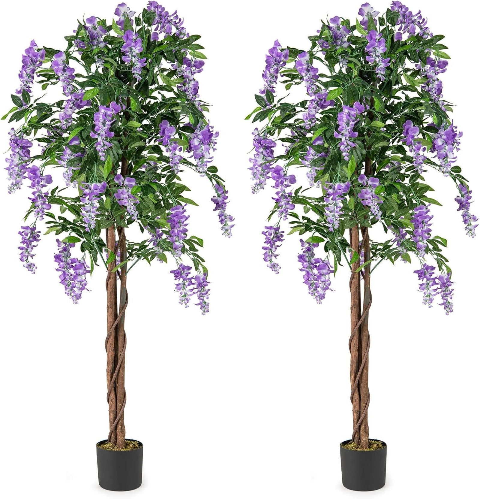 SUGIFT Set of 2 Faux Wisteria Artificial Trees in Nursery Pots 5.5-ft 65-in Tall 7 x 6-in Pot Green+Brown+Purple/Rosy