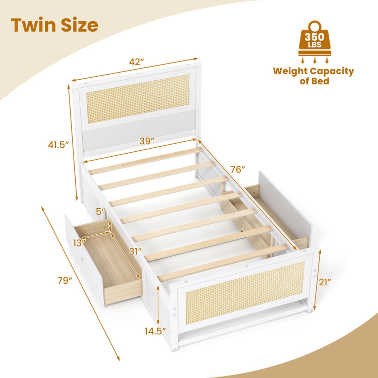 SUGIFT Twin Size Rattan Bed Frame with 2 Storage Drawers 350-lb Bed Capacity 50-lb Drawer Capacity 79-in Frame White