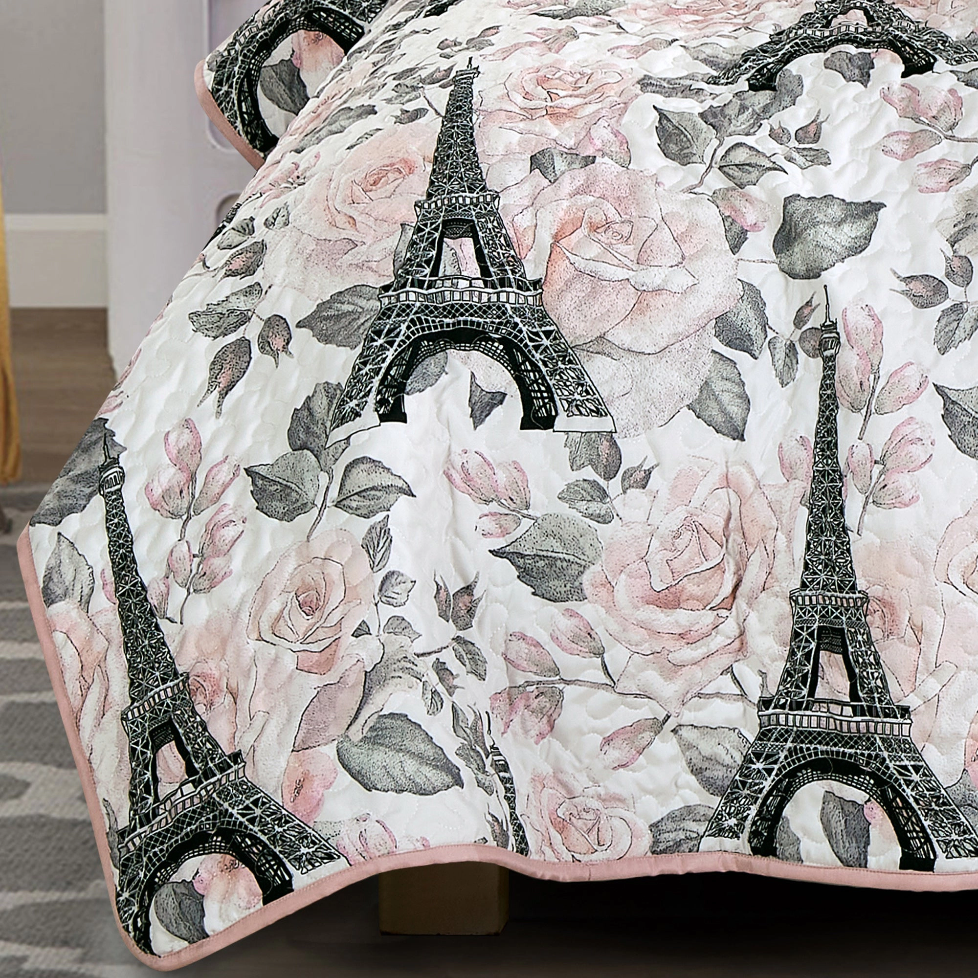 MarCielo 2/3 Piece Kids Eiffel Tower Floral Reversible Quilt Set – Paris Pink Bedspread