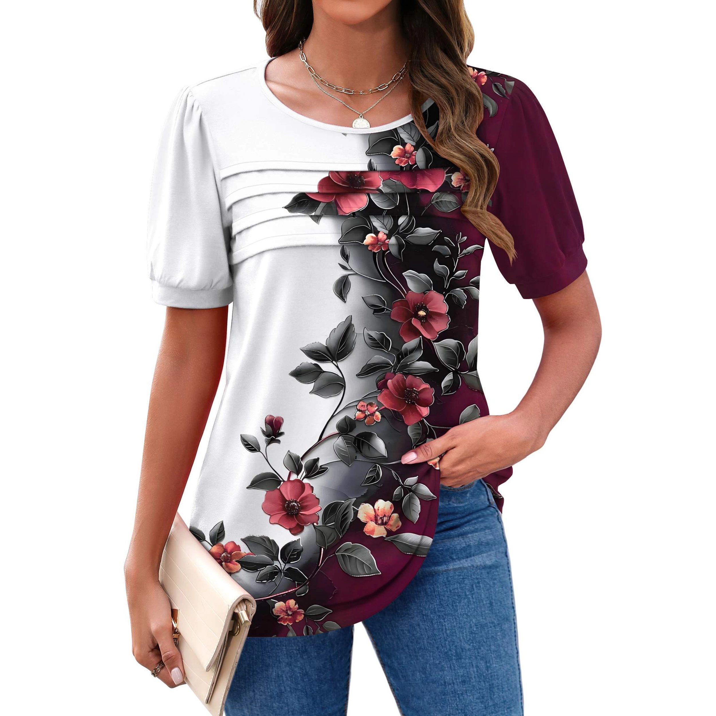 Zeagoo Women Puff Sleeve Crew Neck Tunic Blouse