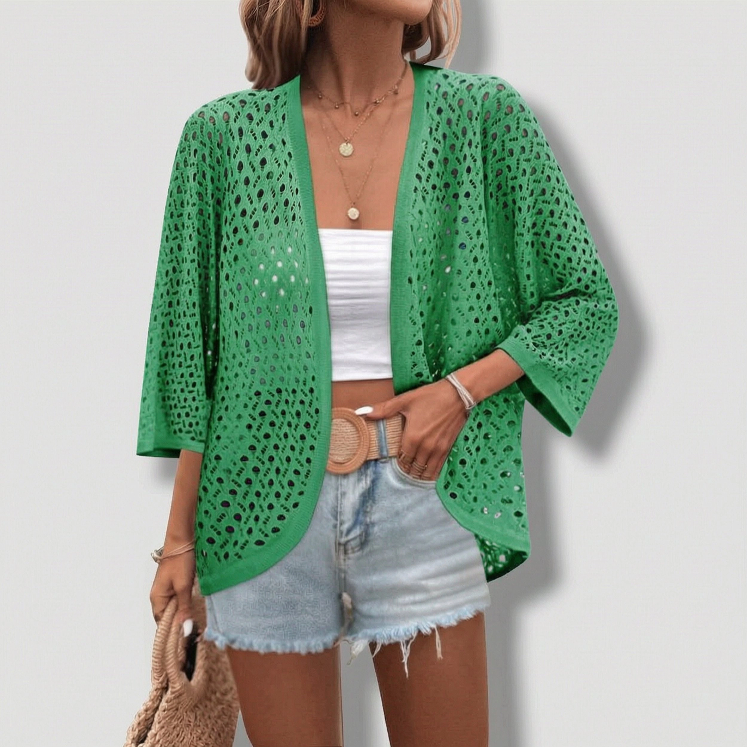 Zeagoo Women's 3/4 Sleeve Batwing Open Front Crochet Cardigan