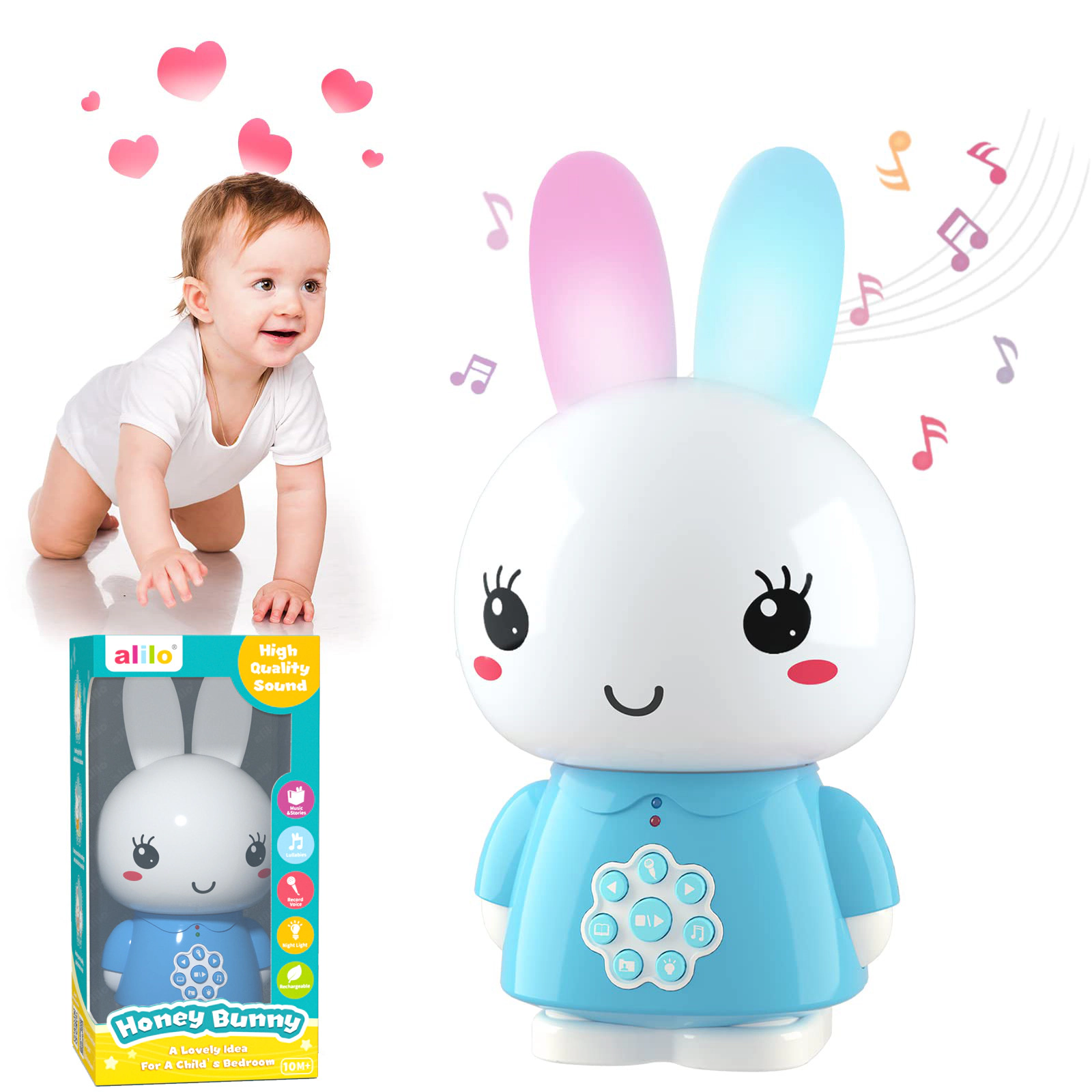 Alilo Honey Bunny Kids Audio Player with 80+ Songs, Stories & Soothing Sounds, Nightlight Teething Ears