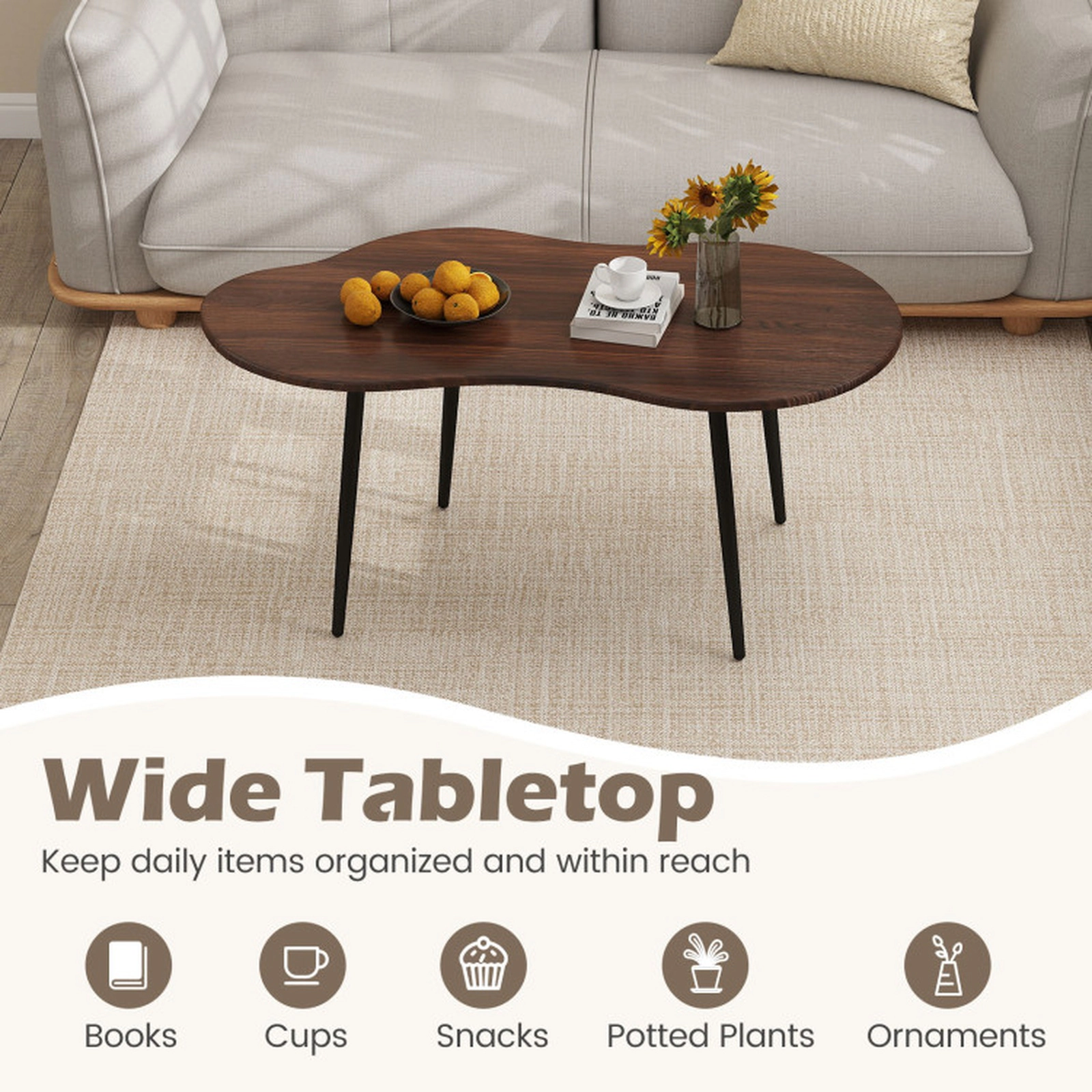 SUGIFT Cloud Shape Irregular Coffee Table 110-lb Capacity Walnut