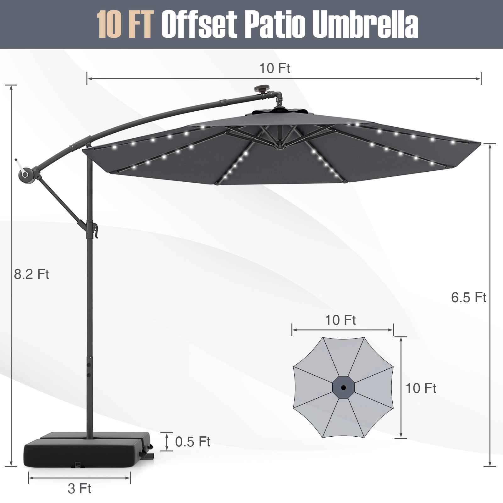 SUGIFT 10-ft Gray Offset Hanging Patio Umbrella with 40 Cool White Solar Lights and Vented Double Top