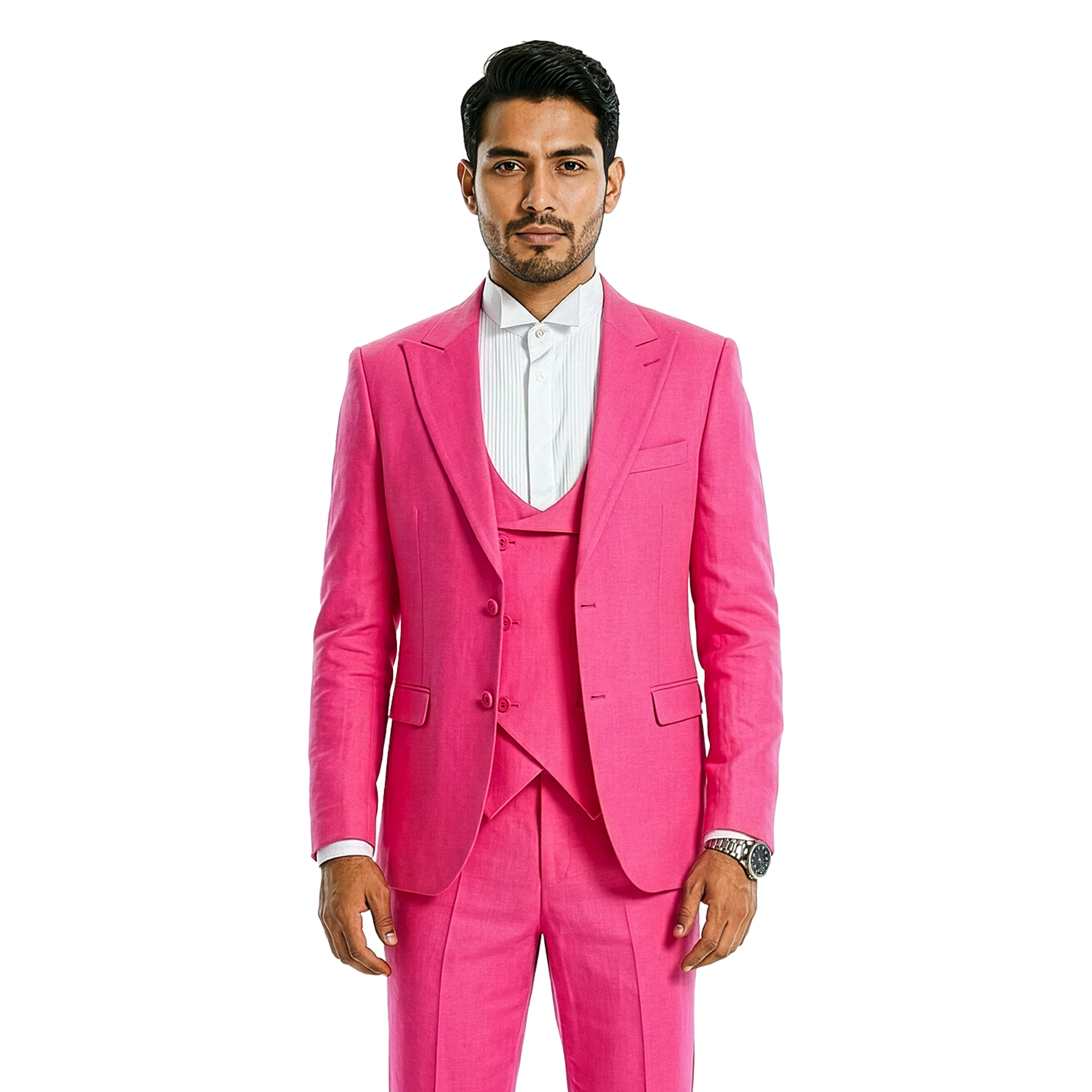 Tazzio Mens Skinny Fit 3 Piece Solid Suit Set With Double Breasted Vest