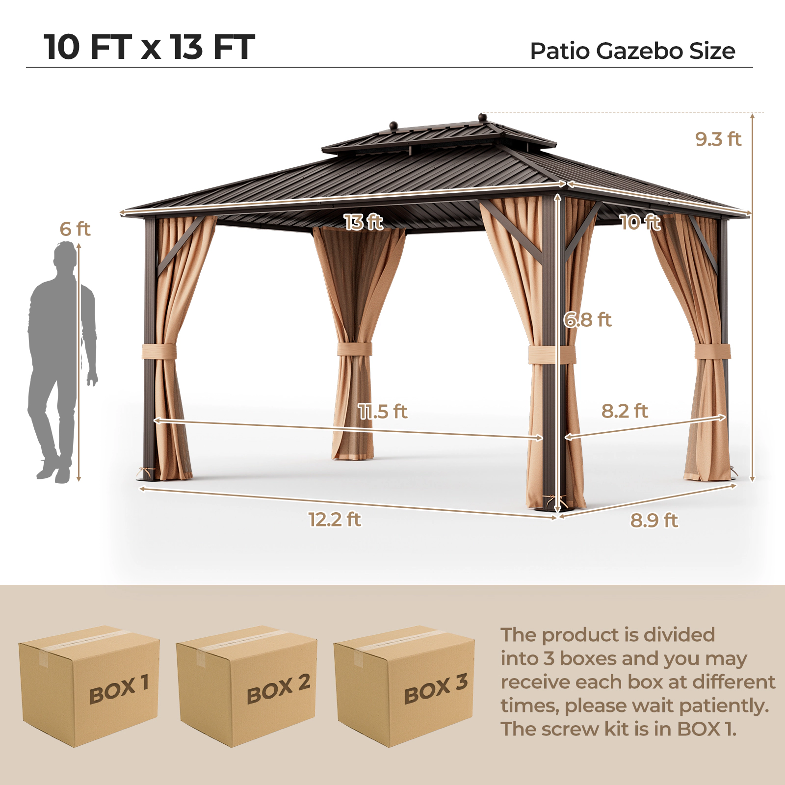 SUGIFT Coffee Galvanized Steel Roof Netting and Curtains 13 x 10 ft Double-Roof Hardtop Gazebo