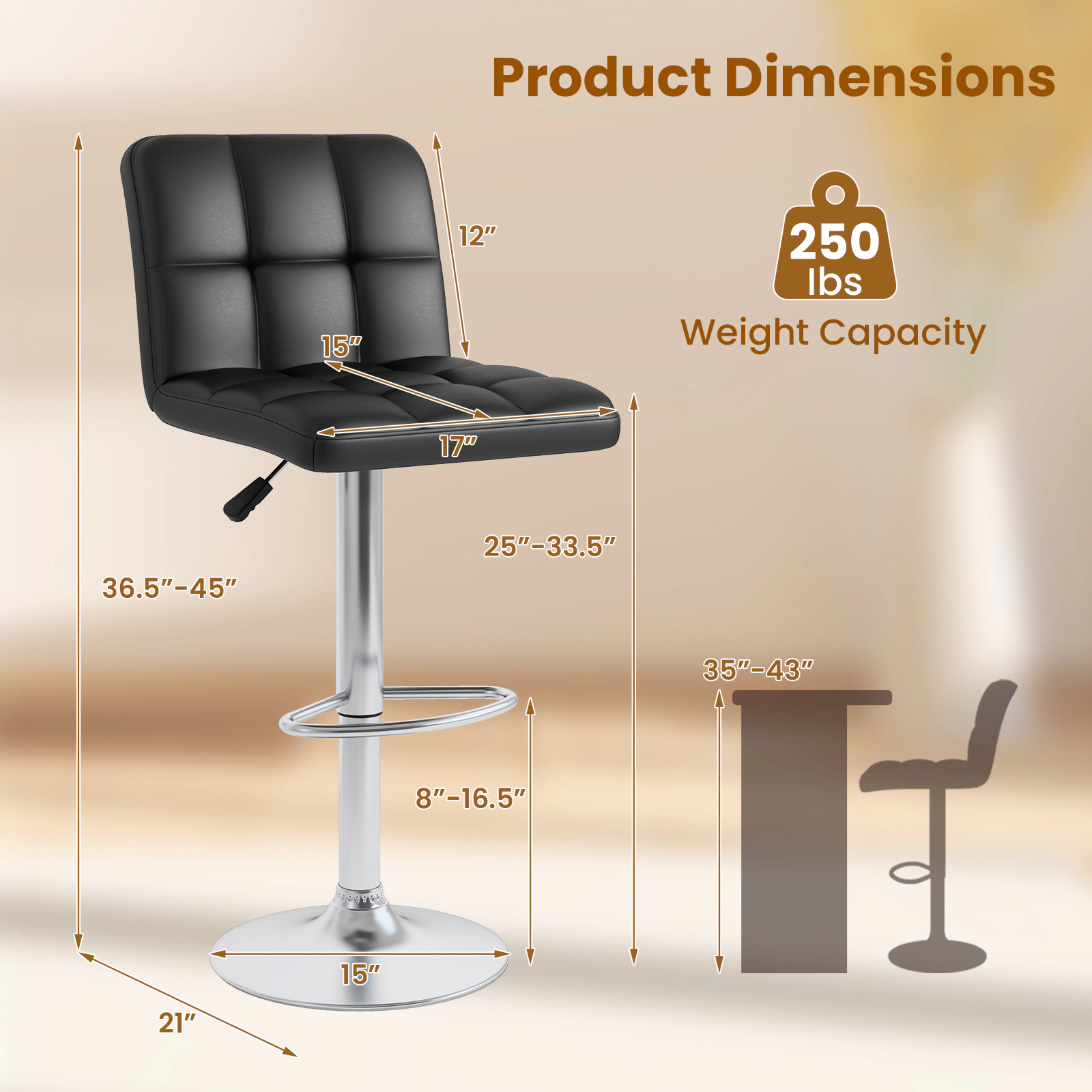 SUGIFT Black Adjustable Height and PU Leather Seat Set of 2 Modern Swivel Bar Stool