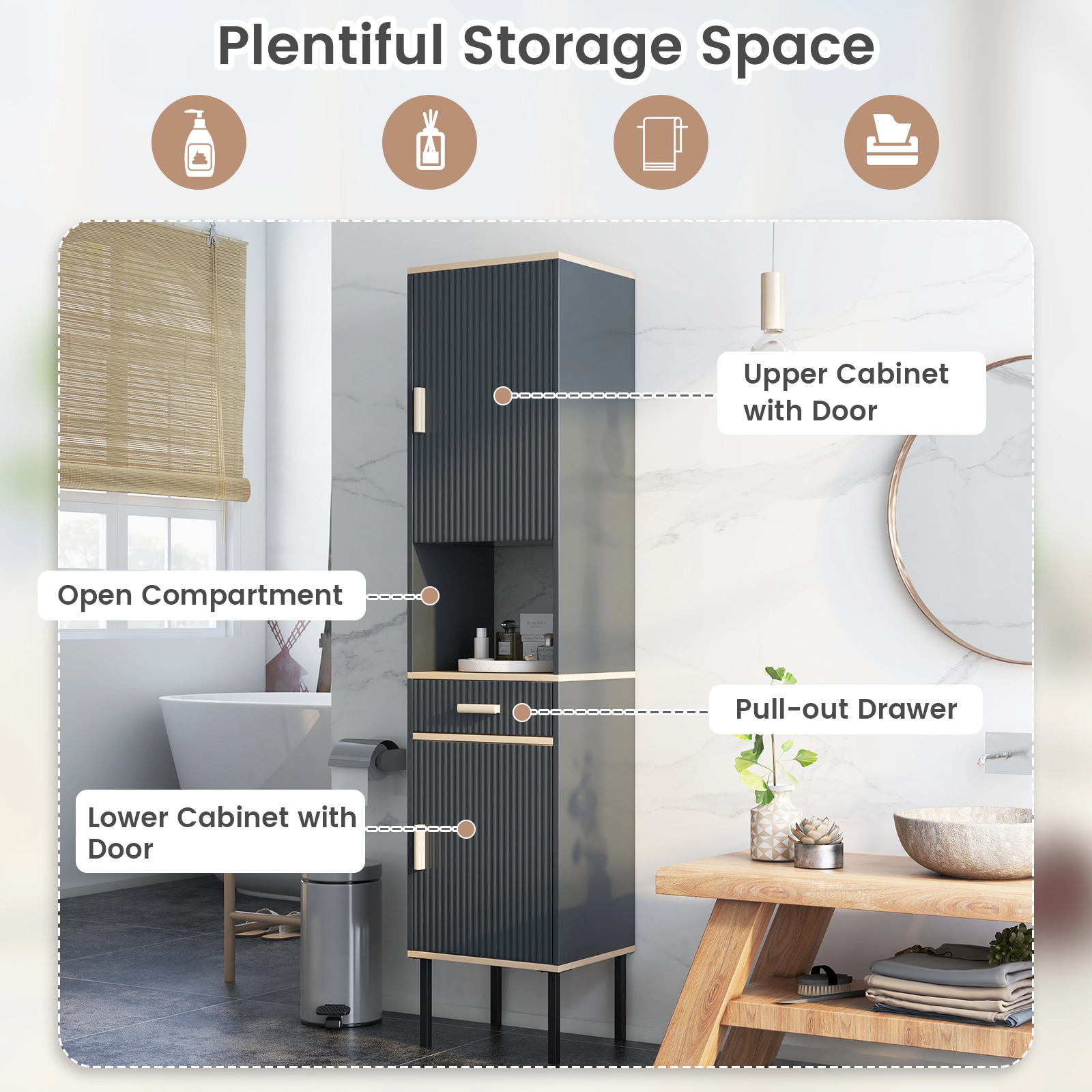 Slickblue Tall Slim Bathroom Storage Cabinet Gray MDF Metal Legs Drawer Adjustable Shelves