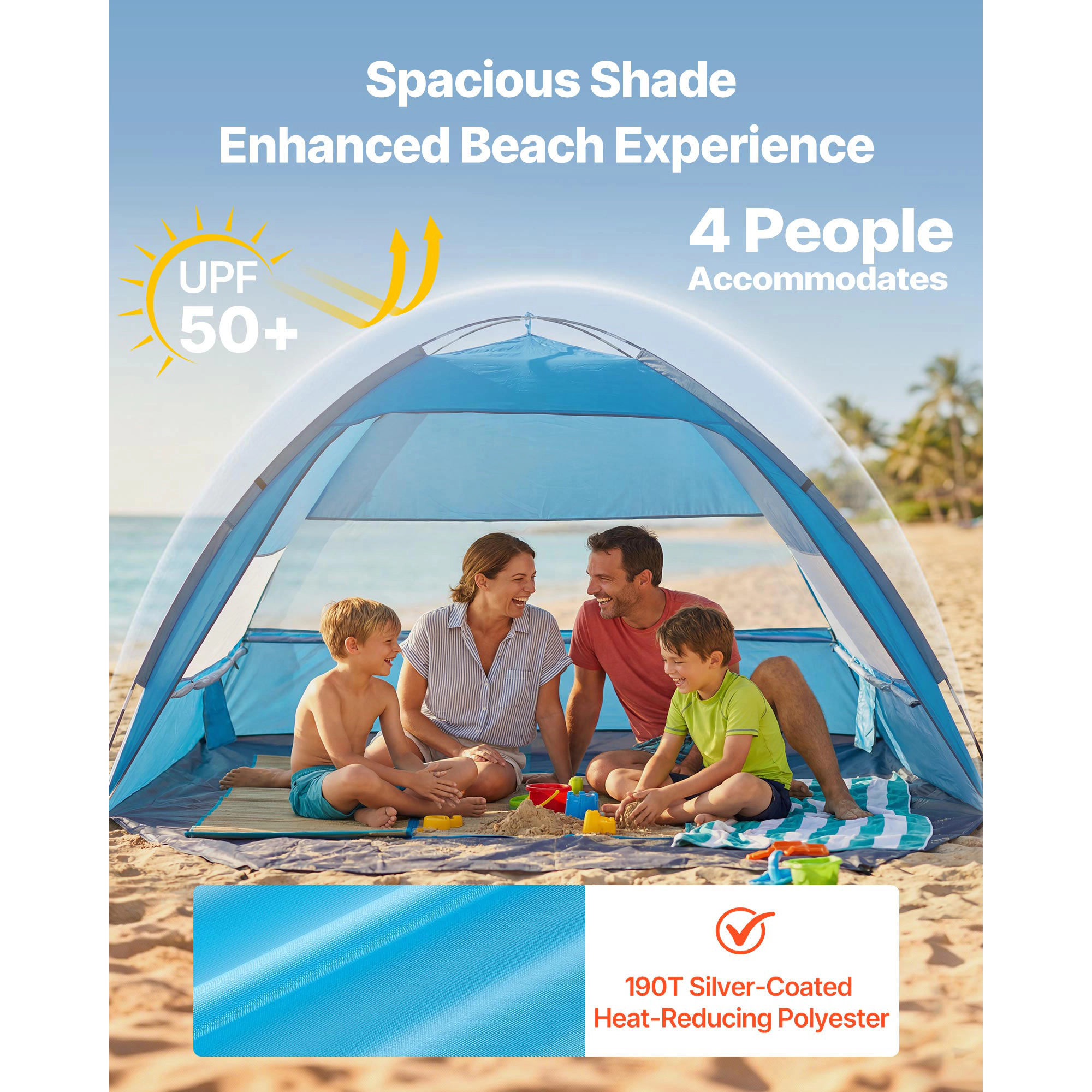 HONGGE Beach Tent Sun Shelter for 4 People, UPF 50+ Portable Sun Shade Canopy with Sand Pockets for Camping & Fishing