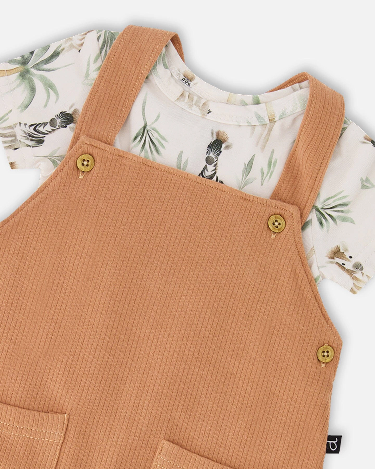 Deux par Boys Organic Cotton Jersey Onesie and Rib Shortall Set Zebra Print Caramel